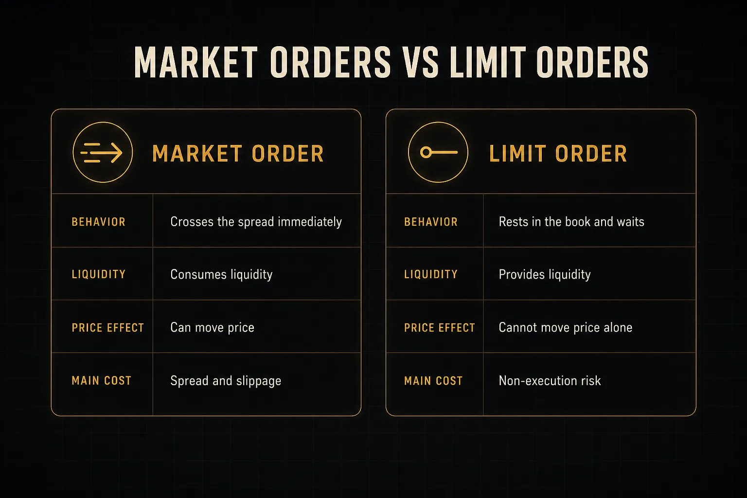Comparison table, Market Orders vs Limit Orders. Behavior, Market order: Crosses the spread immediately; Limit order:…