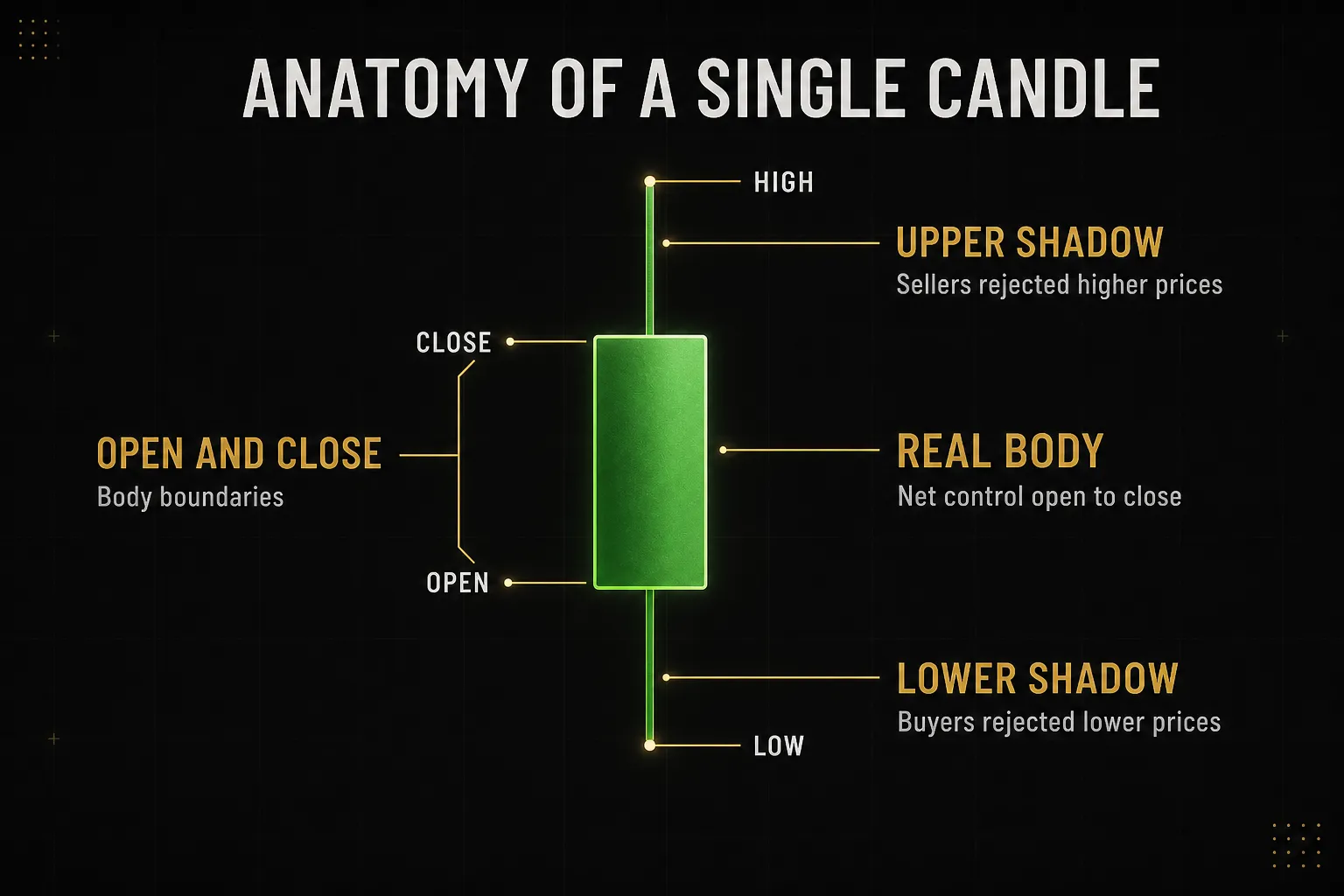 Diagram, Anatomy of a Single Candle. Upper shadow, Sellers rejected higher prices; Real body, Net control open to close…