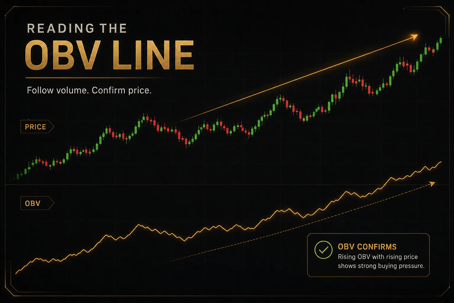 OBV indicator line chart showing rising and falling volume trends alongside price movement for technical analysis