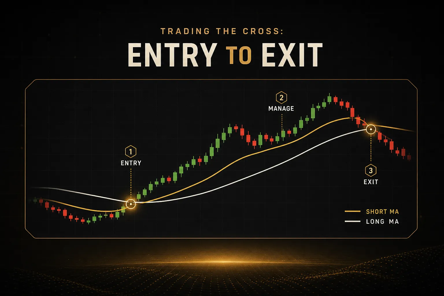 Crossing moving averages signal a trade entry point, with price action guiding the eventual exit strategy.