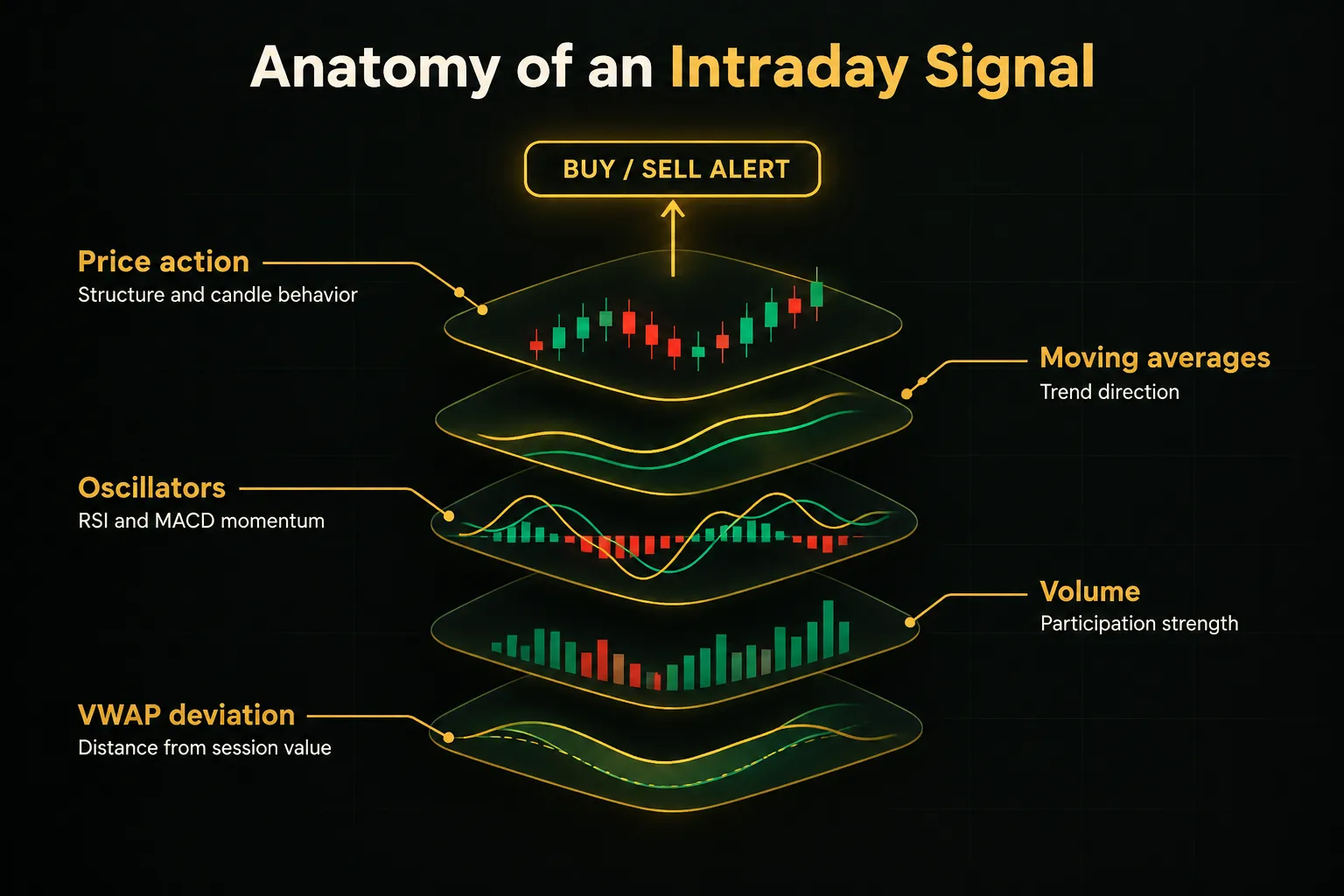 Diagram, Anatomy of an Intraday Signal. Price action, Structure and candle behavior; Moving averages, Trend direction…
