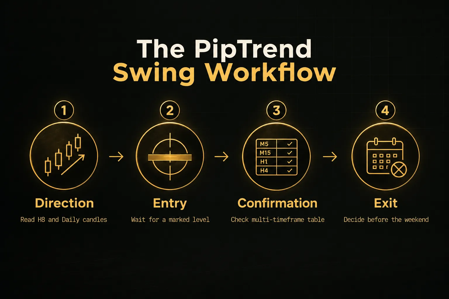 Step-by-step diagram, The PipTrend Swing Workflow. 1. Direction, Read H8 and Daily candles; 2. Entry, Wait for a marked…