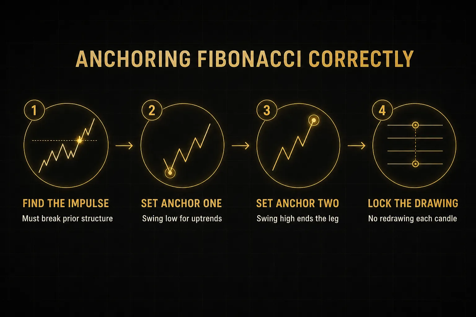 Step-by-step diagram, Anchoring Fibonacci Correctly. 1. Find the impulse, Must break prior structure; 2. Set anchor one…