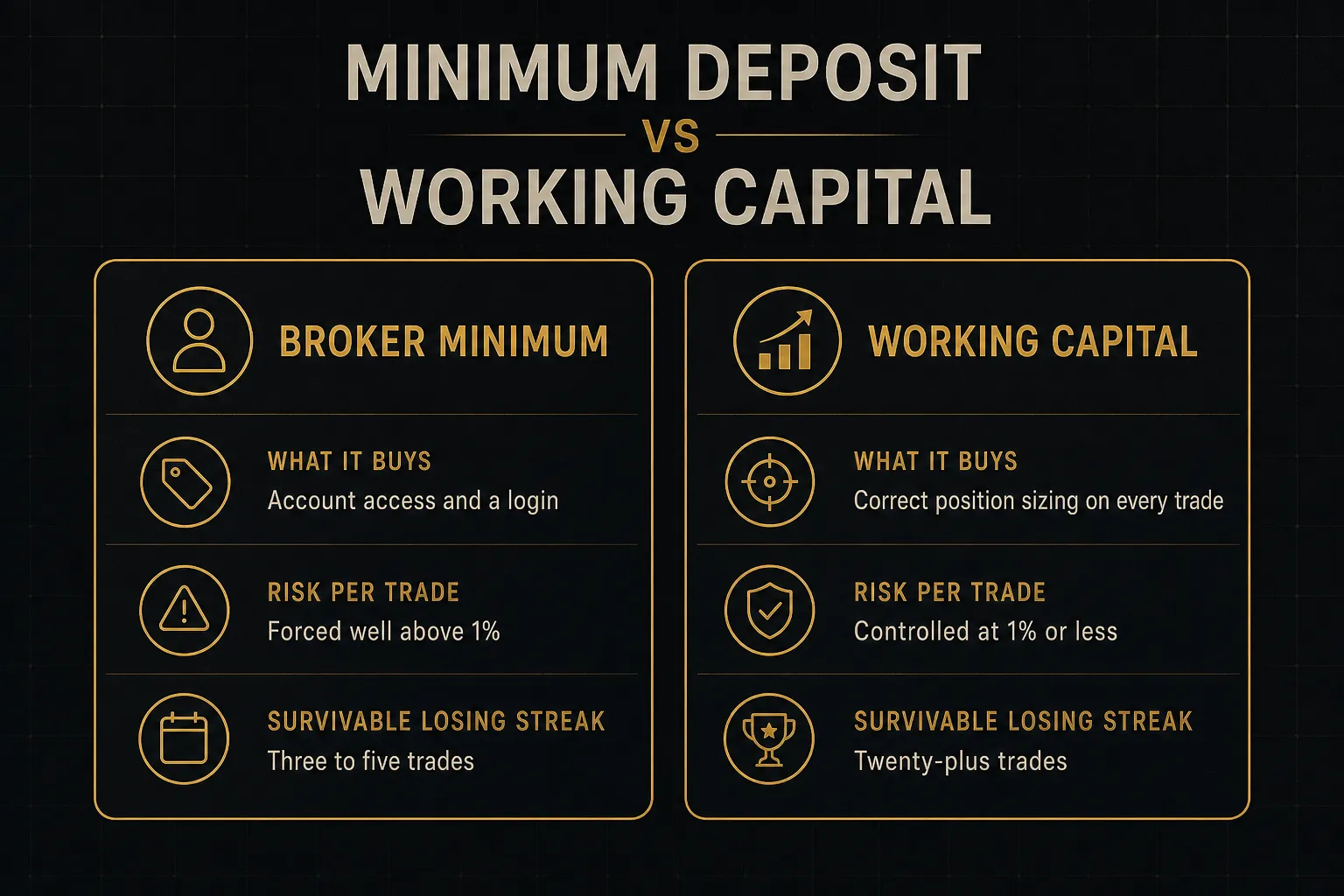 Comparison table, Minimum Deposit vs Working Capital. What it buys, Broker Minimum: Account access and a login; Working…