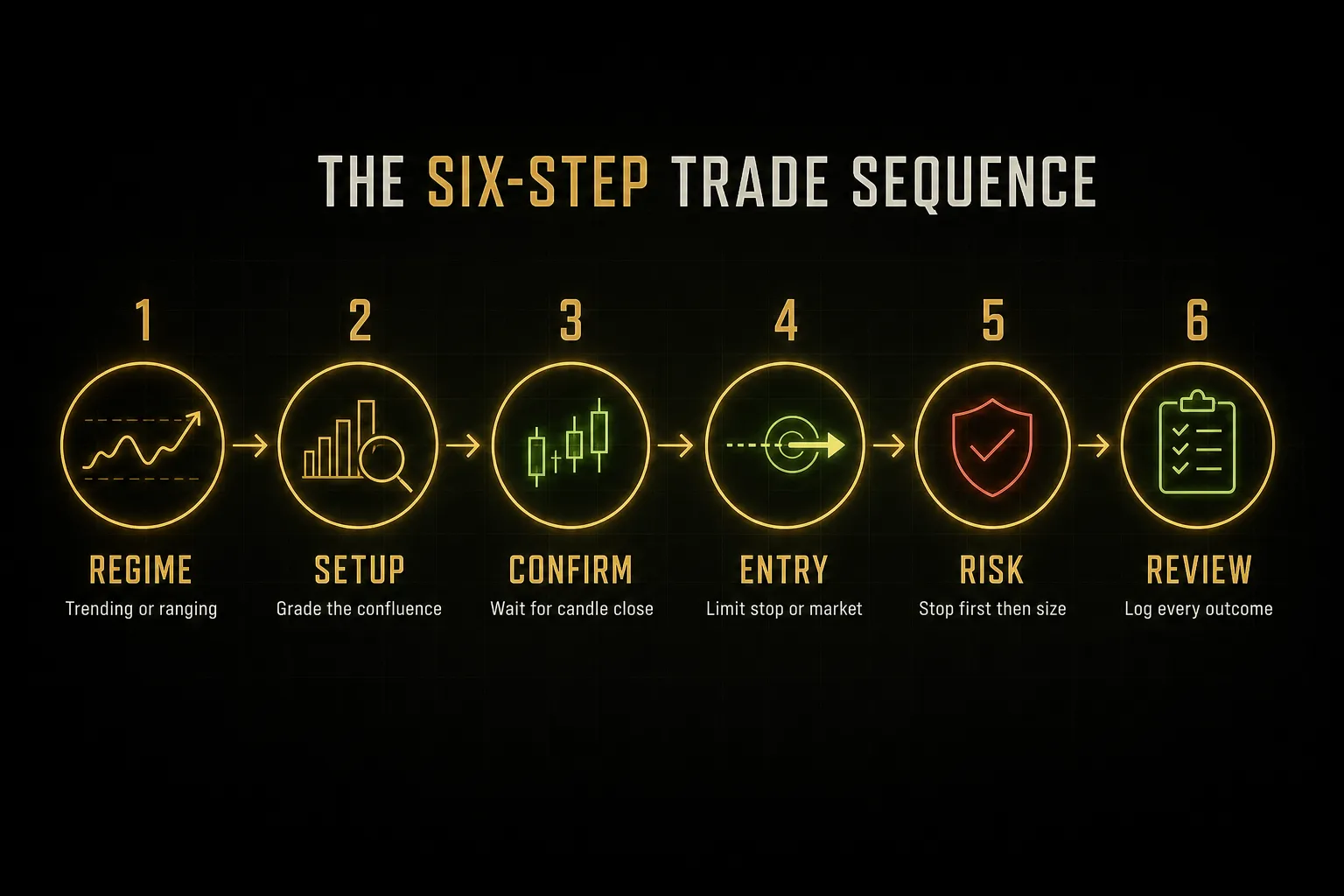 Step-by-step diagram, The Six-Step Trade Sequence. 1. Regime, Trending or ranging; 2. Setup, Grade the confluence; 3…