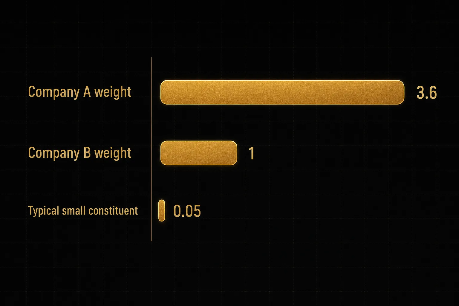 Chart comparing Company A weight (3.6), Company B weight (1), Typical small constituent (0.05)