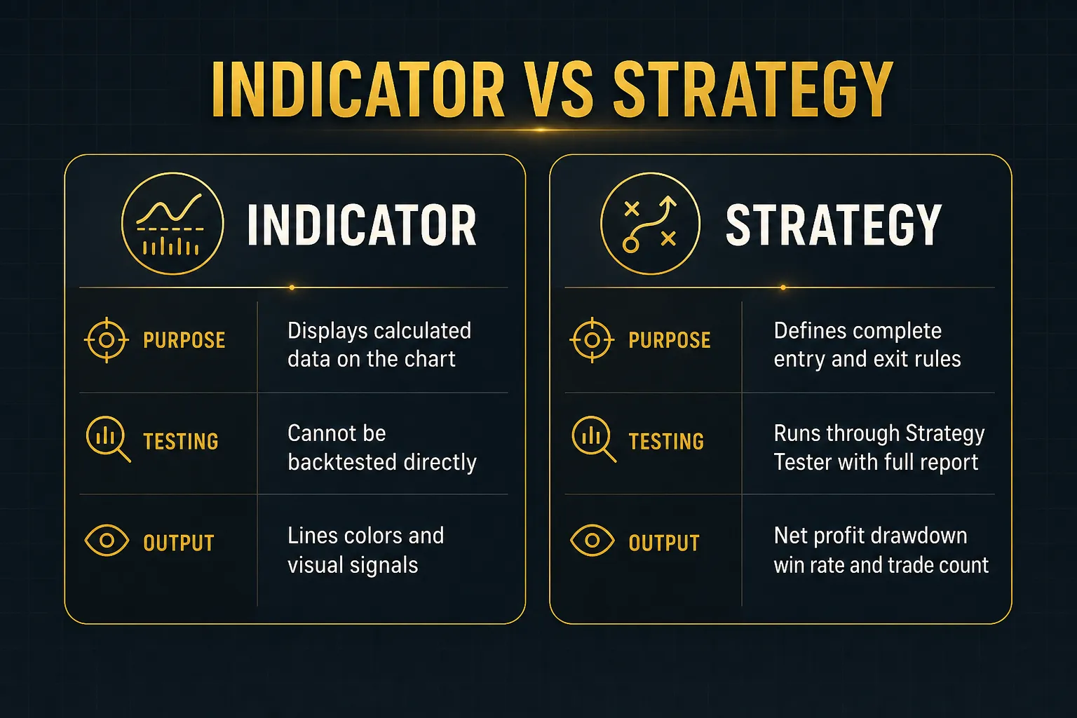 Comparison table, Indicator vs Strategy. Purpose, Indicator: Displays calculated data on the chart; Strategy: Defines complete entry and exit rules. Testing, Indicator: Cannot be backtested directly; Strategy: Runs through Strategy Tester with full report. Output, Indicator: Lines colors and visual signals; Strategy: Net profit drawdown win rate and trade count