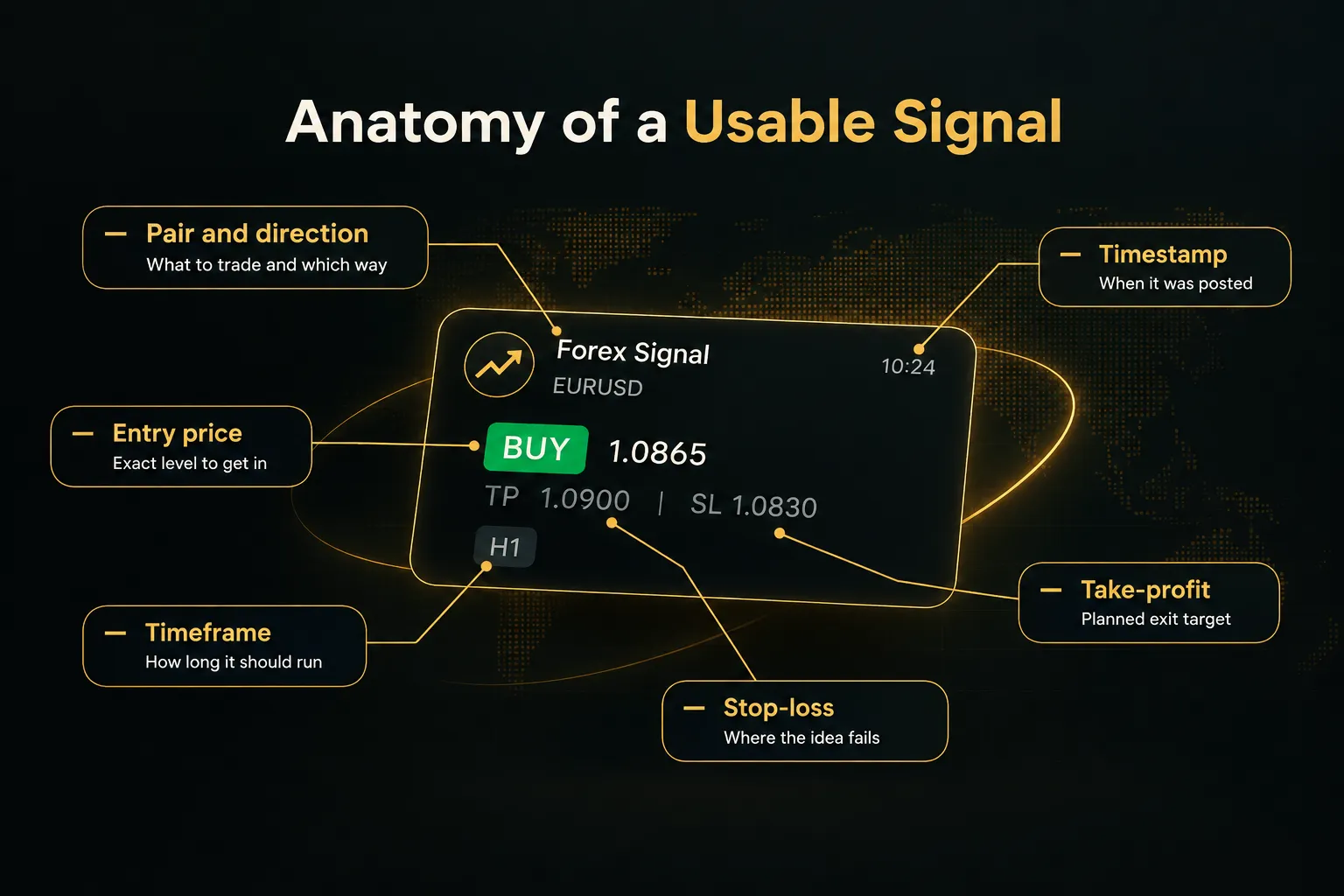 Diagram, Anatomy of a Usable Signal. Pair and direction, What to trade and which way; Entry price, Exact level to get in…