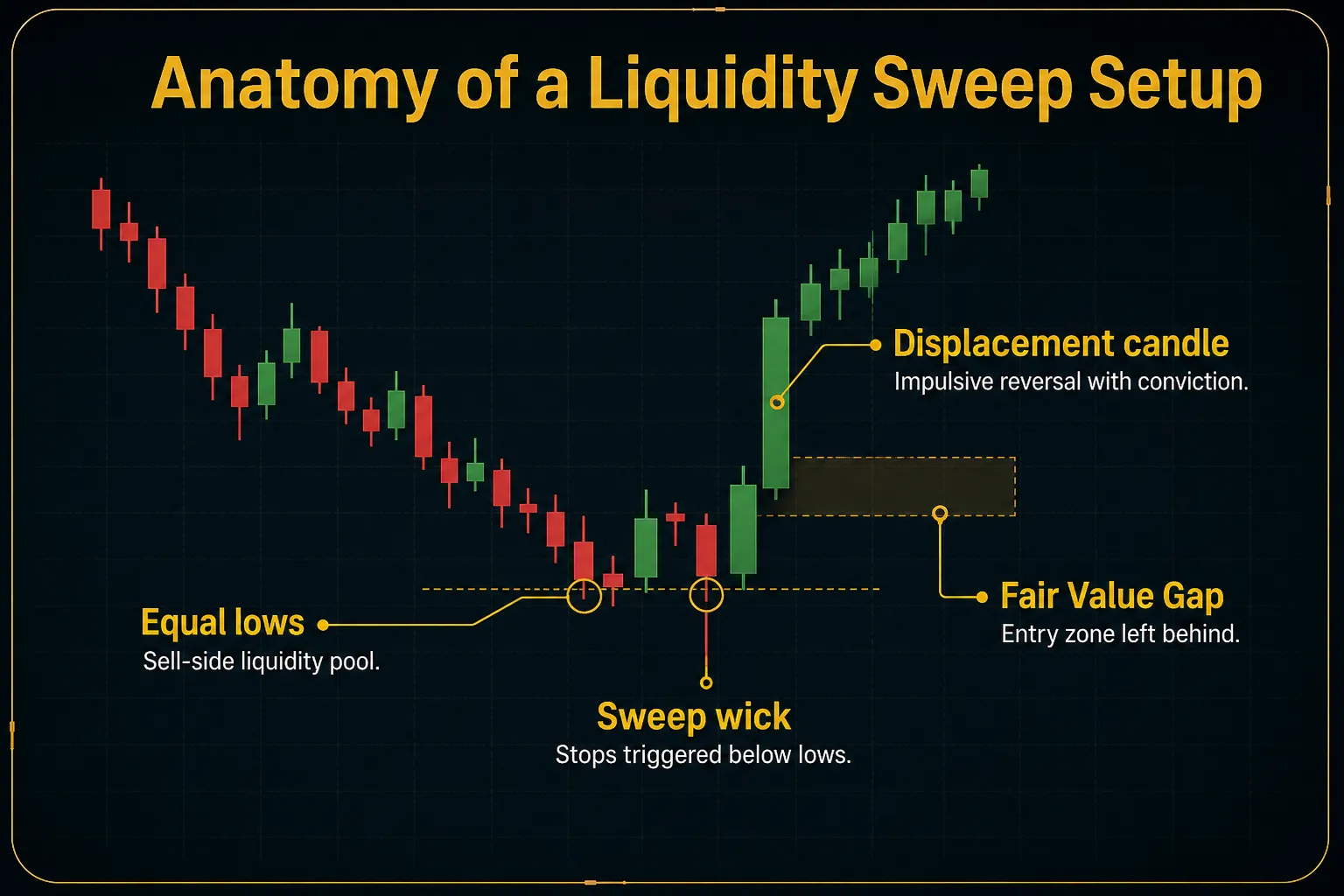 Diagram, Anatomy of a Liquidity Sweep Setup. Equal lows, Sell-side liquidity pool; Sweep wick, Stops triggered below lows; Displacement candle, Impulsive reversal with conviction; Fair Value Gap, Entry zone left behind