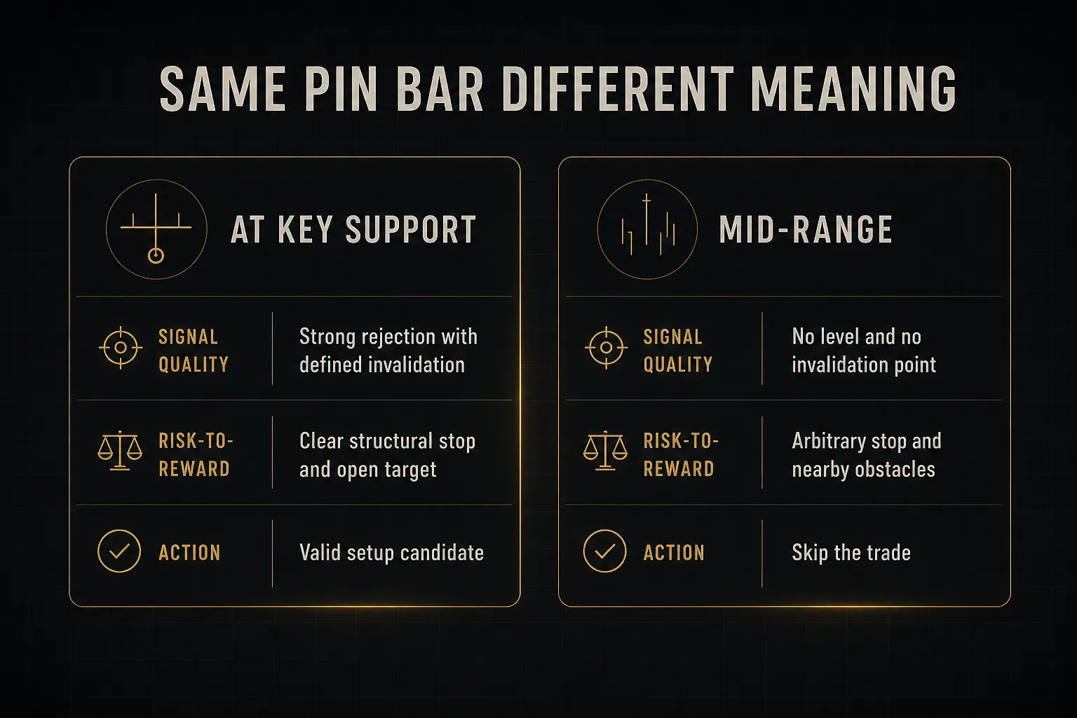 Comparison table, Same Pin Bar Different Meaning. Signal quality, At Key Support: Strong rejection with defined…
