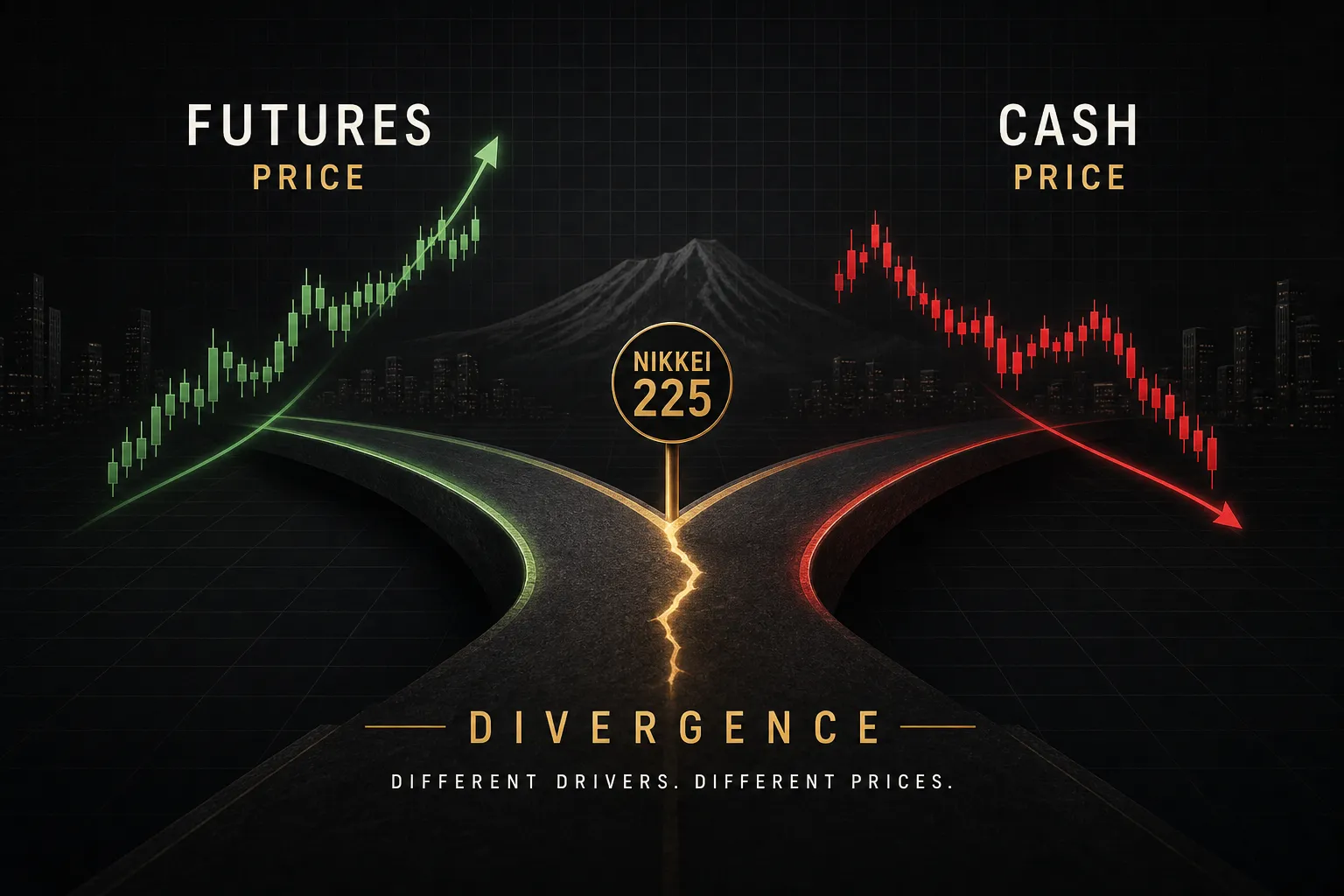 Nikkei 225 futures live chart showing price gap versus cash index during trading hours