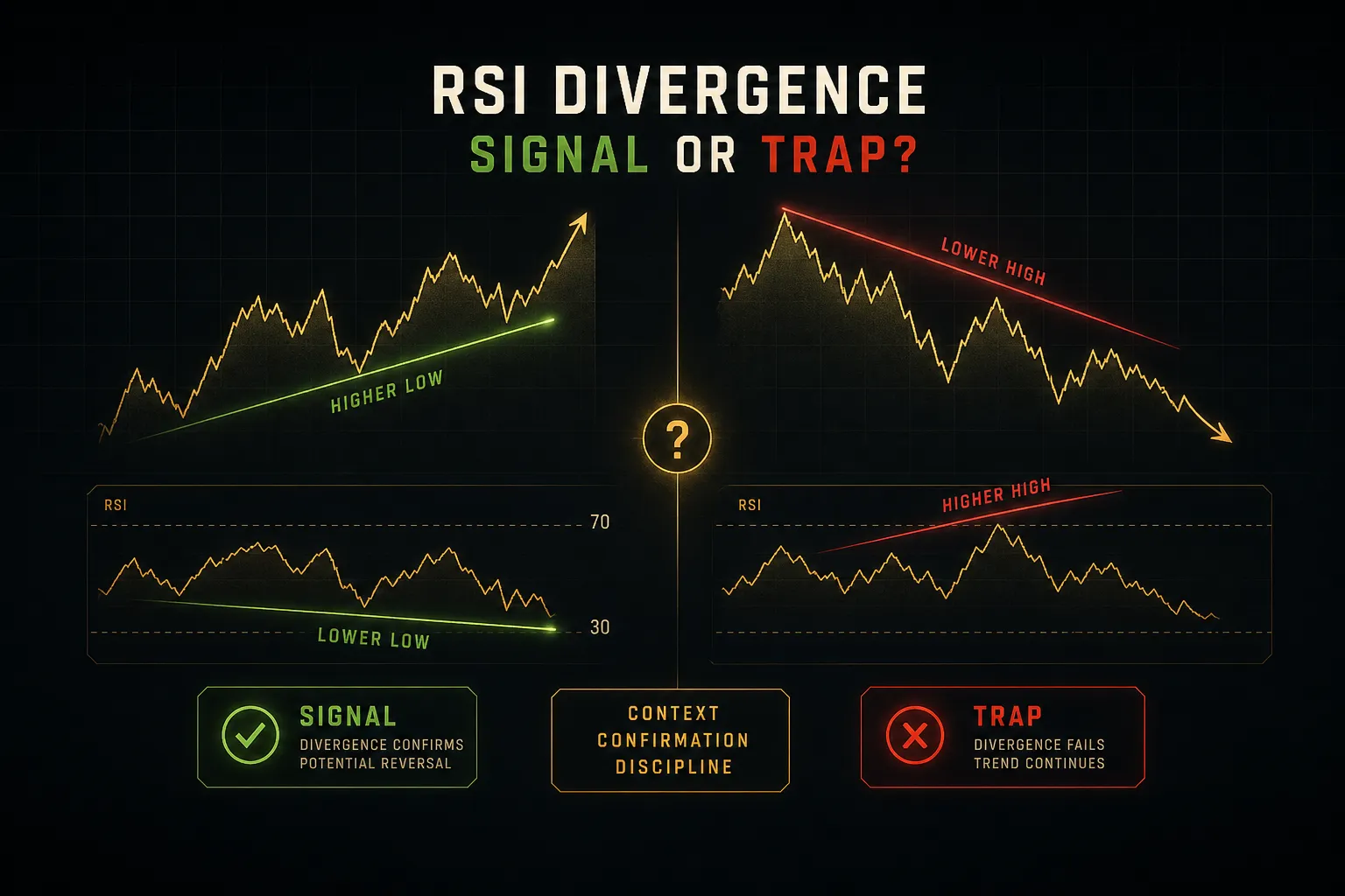RSI indicator chart showing bullish divergence between price lows and RSI line, highlighting a potential trap versus true rev