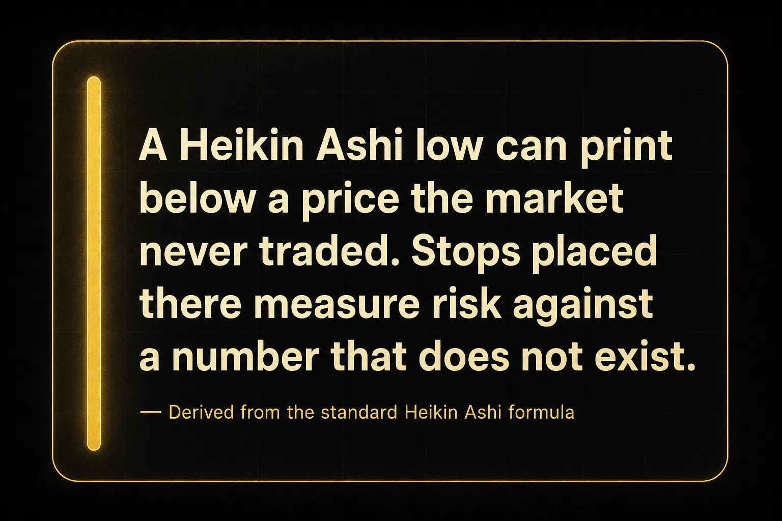 Key insight: A Heikin Ashi low can print below a price the market never traded. Stops placed there measure risk against a…