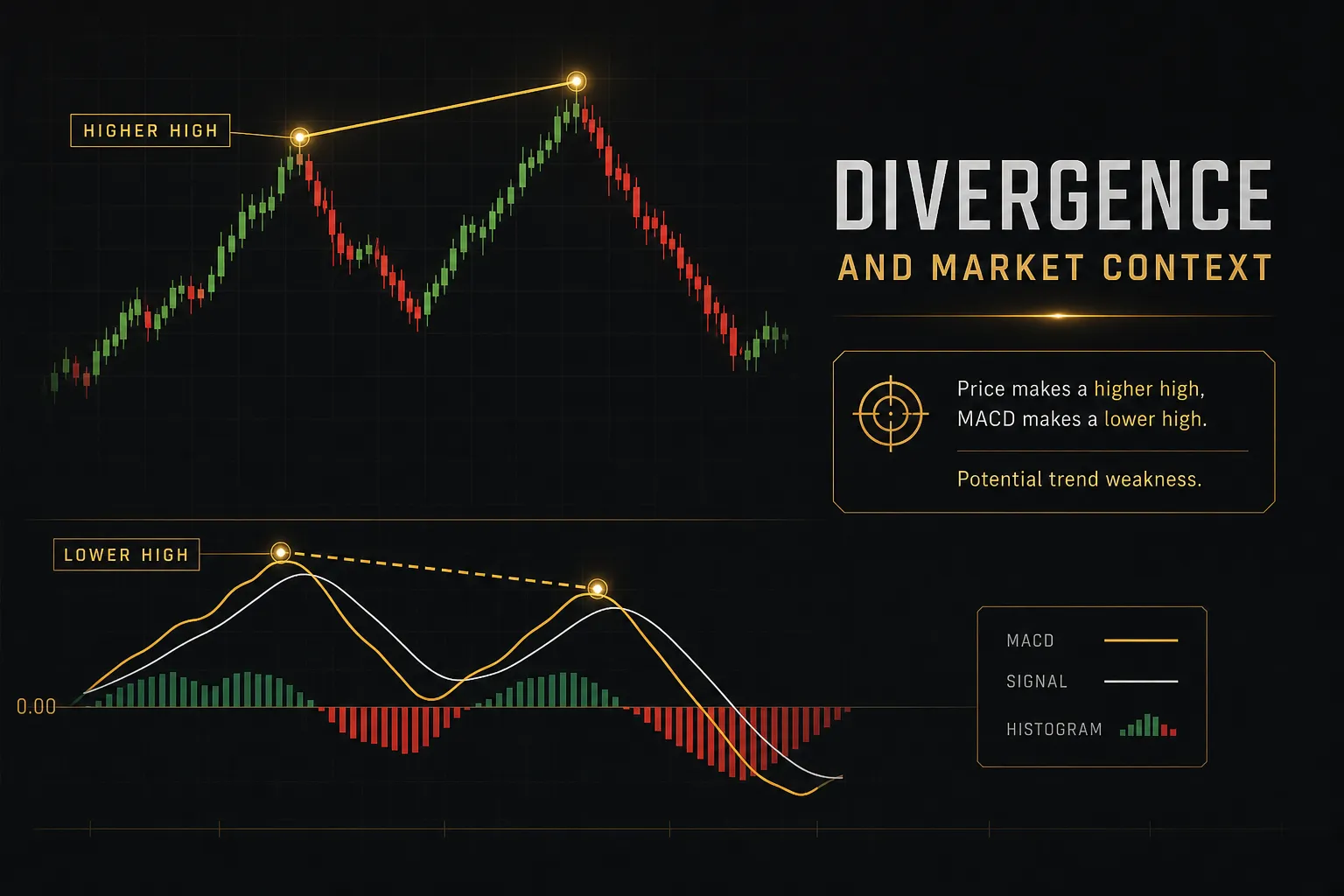 MACD indicator chart showing bullish divergence between price action and momentum during a market reversal