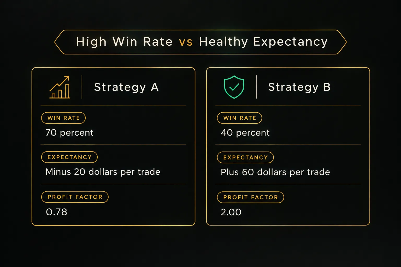 Comparison table, High Win Rate vs Healthy Expectancy. Win rate, Strategy A: 70 percent; Strategy B: 40 percent…