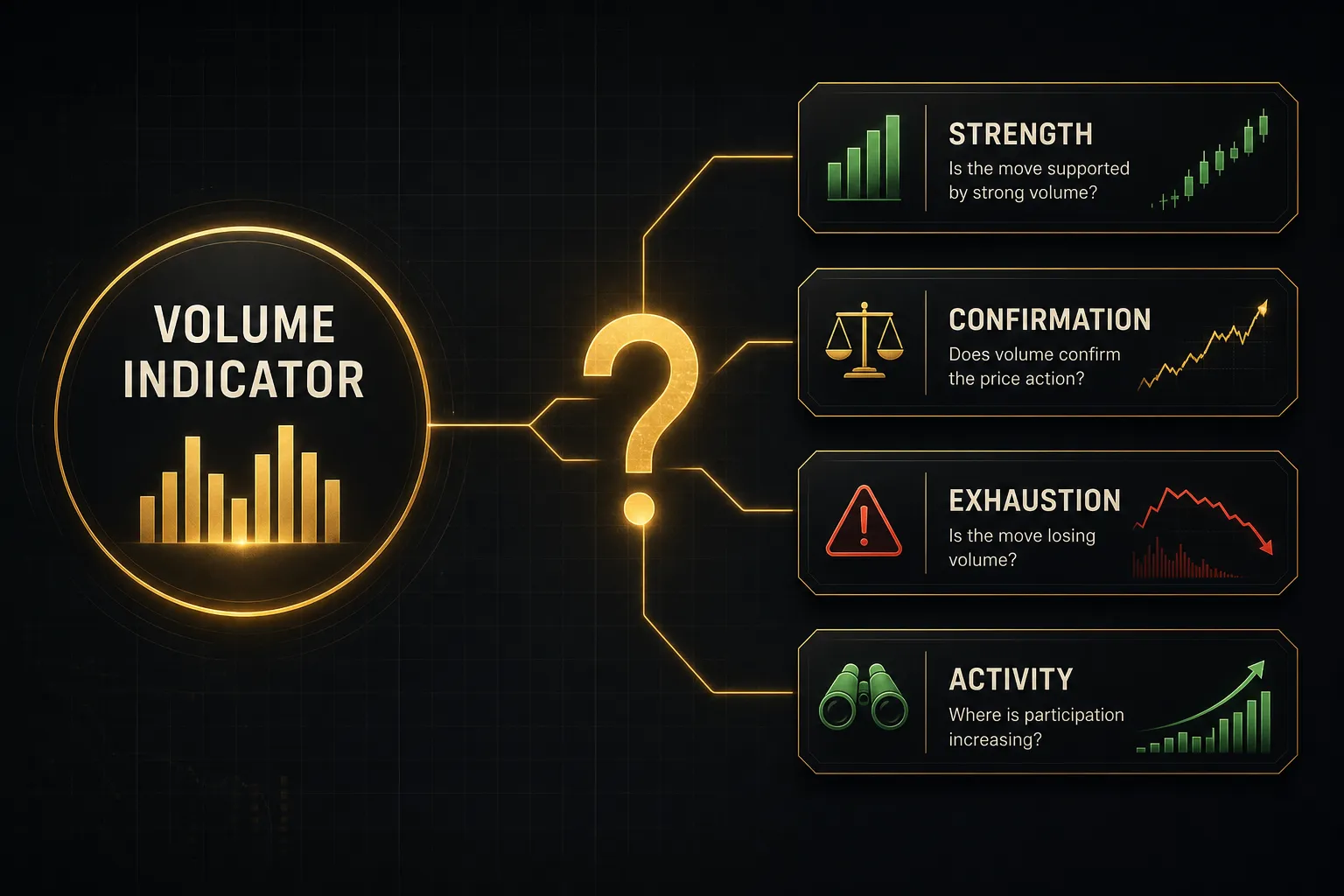 Volume indicator chart comparing tools that reveal price trend strength, reversals, and trading activity