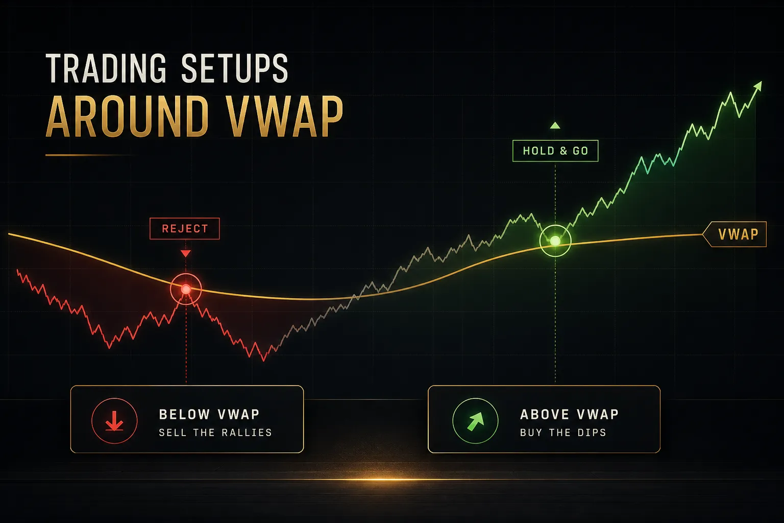 Price chart showing VWAP indicator with trading setups highlighting support, resistance, and reversal entry points