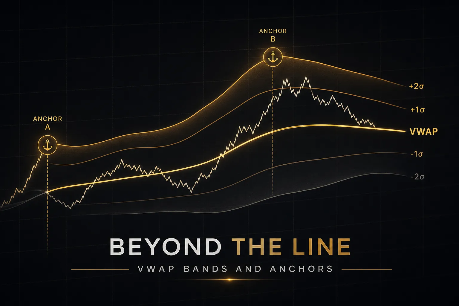 VWAP trading strategy chart showing price action with VWAP bands and anchored VWAP lines marking key support and resistance l