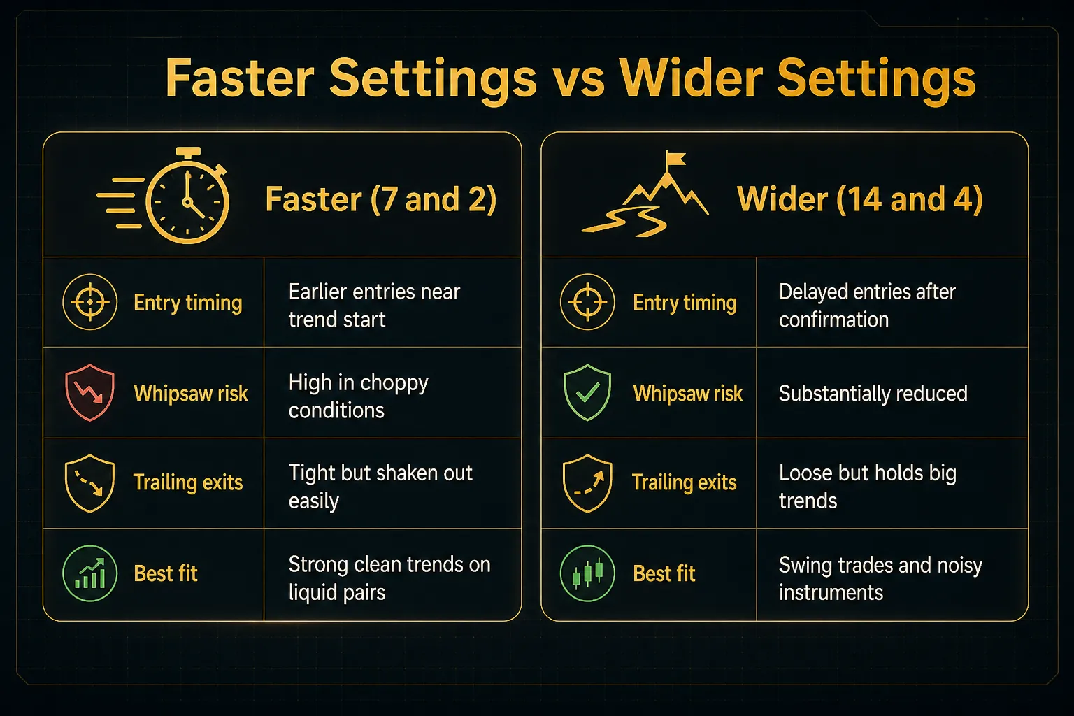 Comparison table, Faster Settings vs Wider Settings. Entry timing, Faster (7 and 2): Earlier entries near trend start; Wider (14 and 4): Delayed entries after confirmation. Whipsaw risk, Faster (7 and 2): High in choppy conditions; Wider (14 and 4): Substantially reduced. Trailing exits, Faster (7 and 2): Tight but shaken out easily; Wider (14 and 4): Loose but holds big trends. Best fit, Faster (7 and 2): Strong clean trends on liquid pairs; Wider (14 and 4): Swing trades and noisy instruments