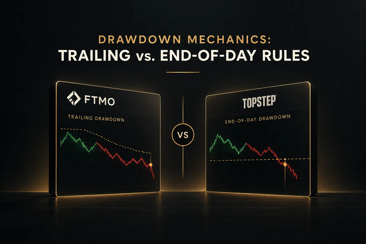 FTMO vs Topstep drawdown comparison chart showing trailing versus end-of-day drawdown rules for traders