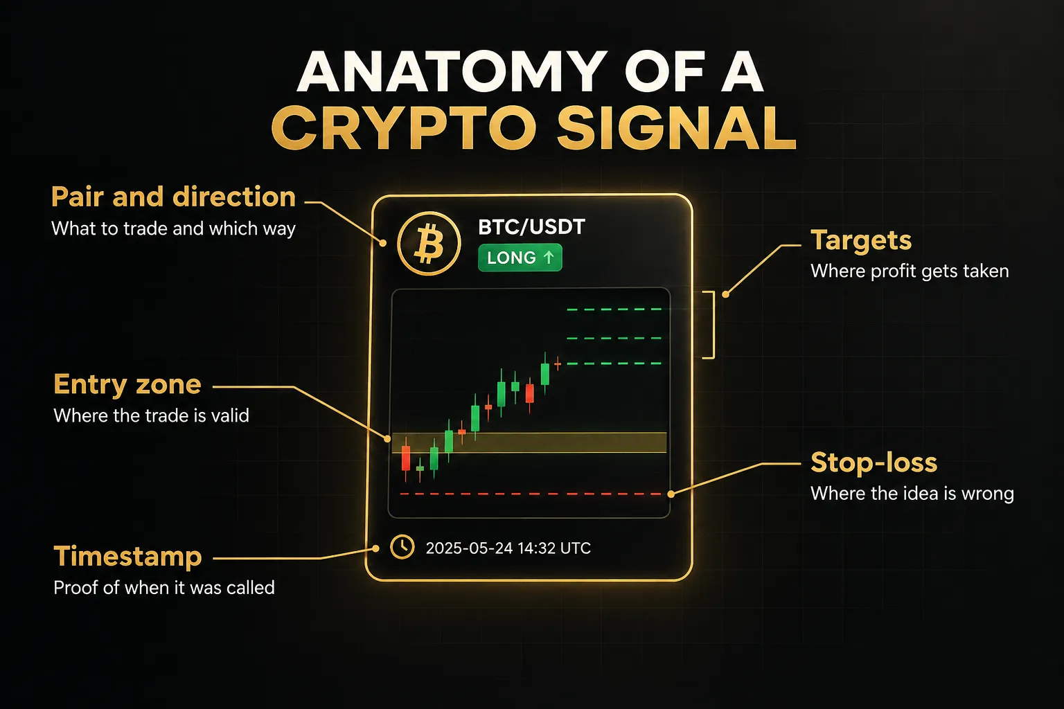Diagram, Anatomy of a Crypto Signal. Pair and direction, What to trade and which way; Entry zone, Where the trade is…