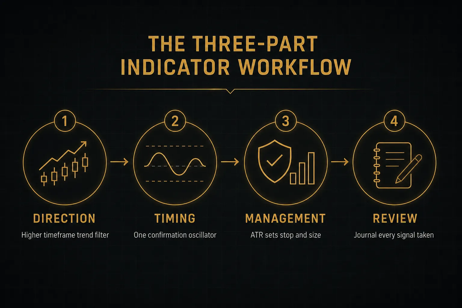Step-by-step diagram, The Three-Part Indicator Workflow. 1. Direction, Higher timeframe trend filter; 2. Timing, One…