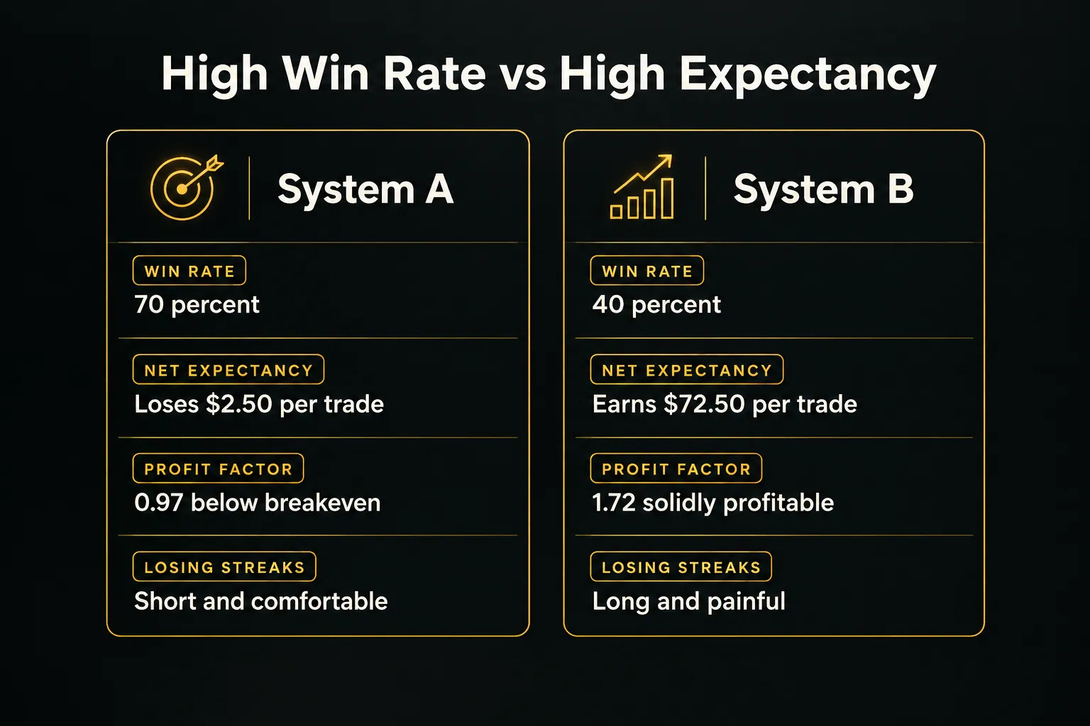 Comparison table, High Win Rate vs High Expectancy. Win rate, System A: 70 percent; System B: 40 percent. Net expectancy…