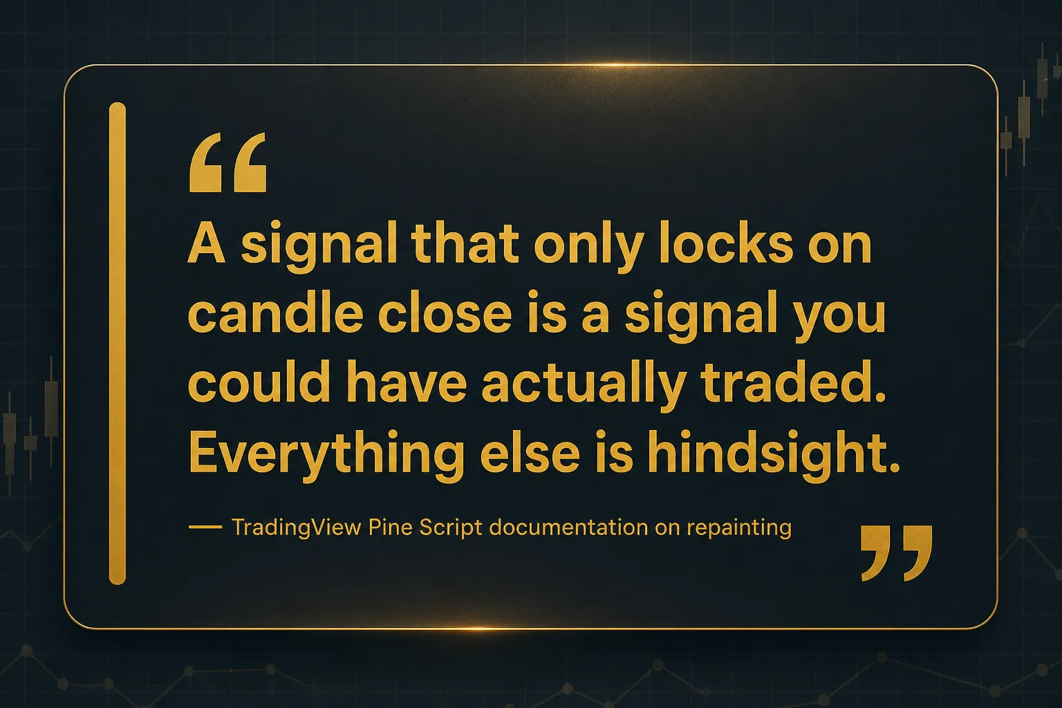 Key insight: A signal that only locks on candle close is a signal you could have actually traded. Everything else is hindsight., TradingView Pine Script documentation on repainting
