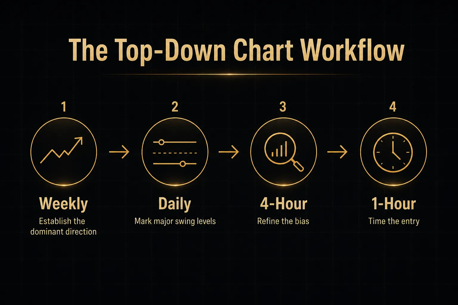 Step-by-step diagram, The Top-Down Chart Workflow. 1. Weekly, Establish the dominant direction; 2. Daily, Mark major swing levels; 3. 4-Hour, Refine the bias; 4. 1-Hour, Time the entry