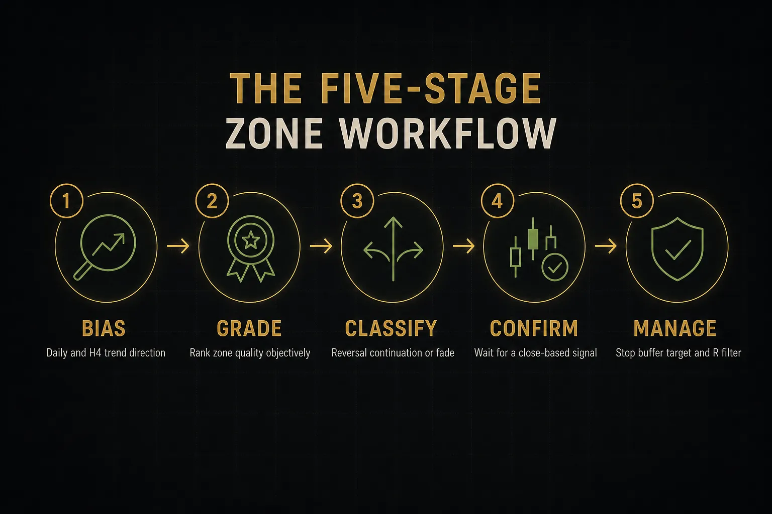 Step-by-step diagram, The Five-Stage Zone Workflow. 1. Bias, Daily and H4 trend direction; 2. Grade, Rank zone quality…