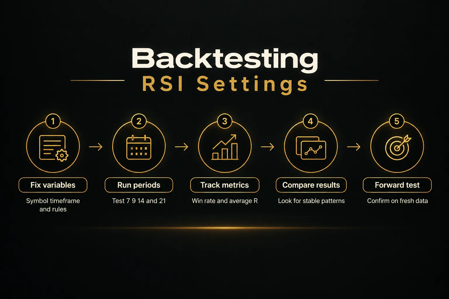 Step-by-step diagram, Backtesting RSI Settings. 1. Fix variables, Symbol timeframe and rules; 2. Run periods, Test 7 9 14…