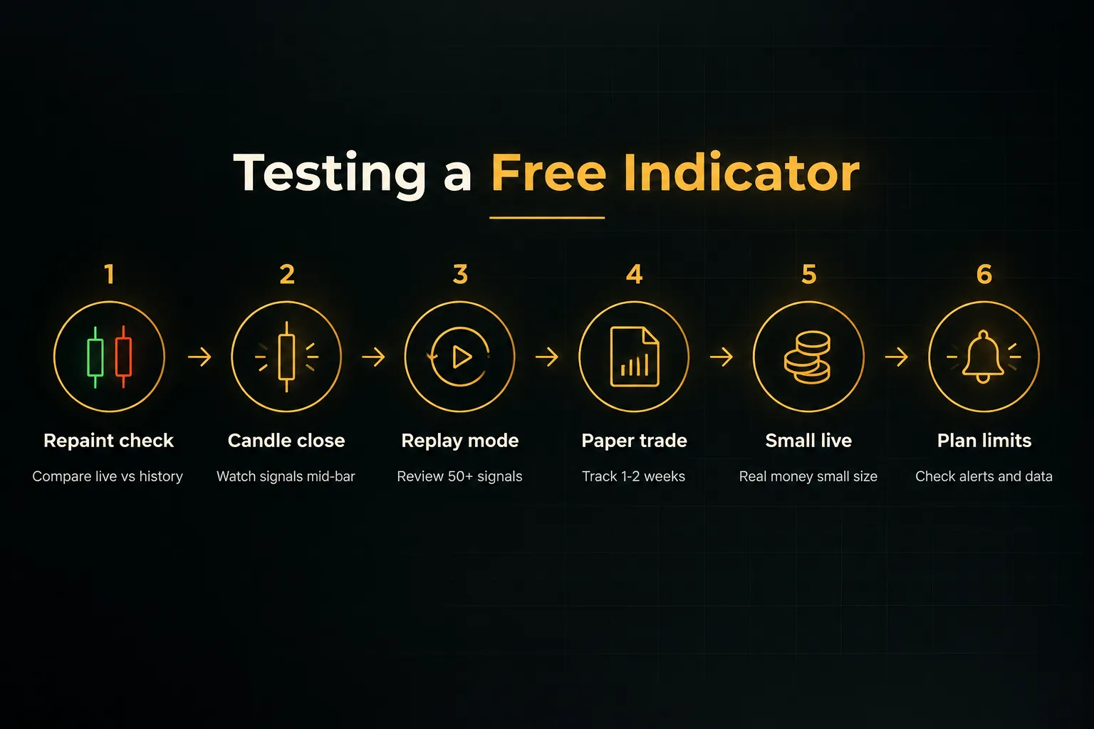 Step-by-step diagram, Testing a Free Indicator. 1. Repaint check, Compare live vs history; 2. Candle close, Watch signals…