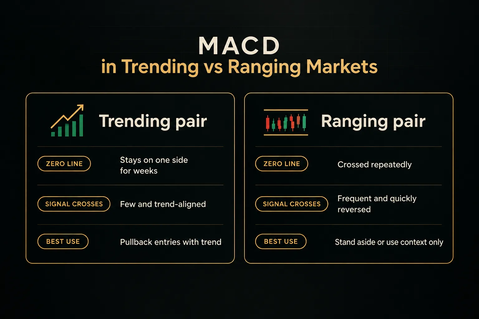 Comparison table, MACD in Trending vs Ranging Markets. Zero line, Trending pair: Stays on one side for weeks; Ranging…