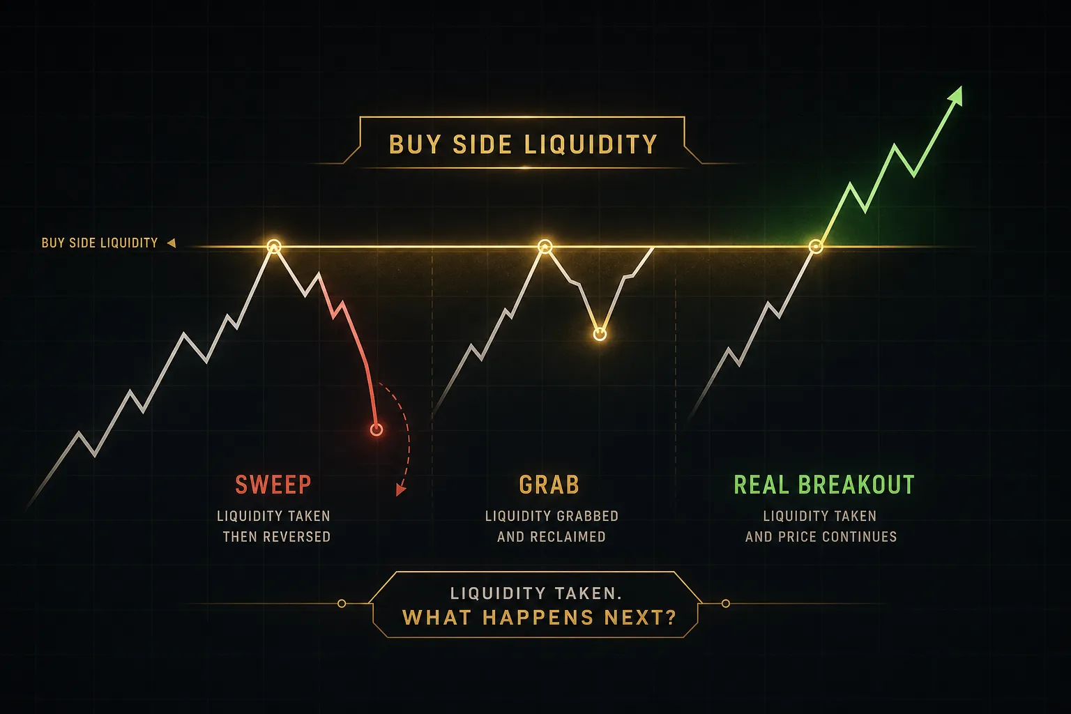 Chart showing buy side liquidity swept above resistance before price reverses, illustrating a false breakout versus real brea