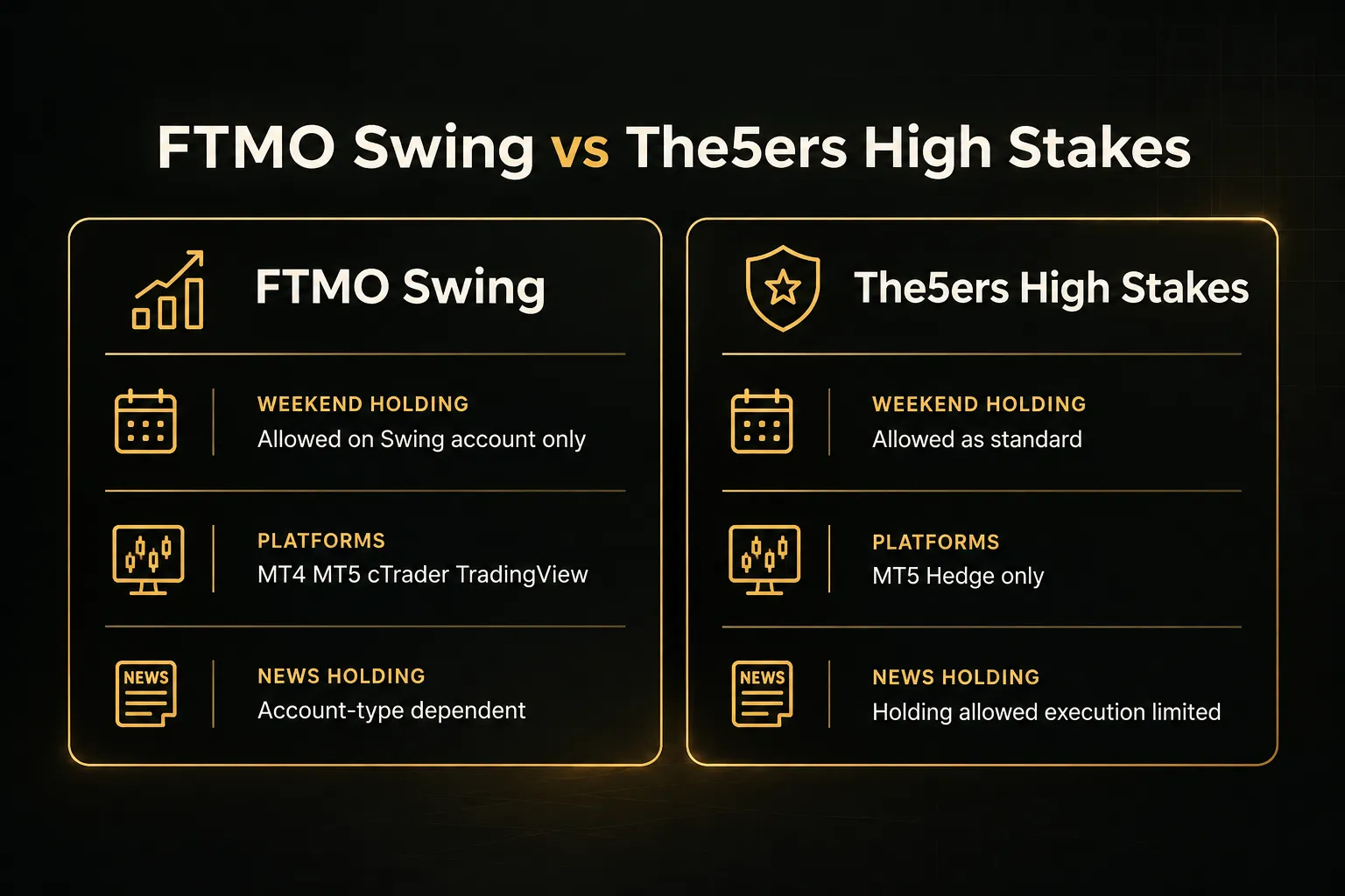 Comparison table, FTMO Swing vs The5ers High Stakes. Weekend holding, FTMO Swing: Allowed on Swing account only; The5ers…