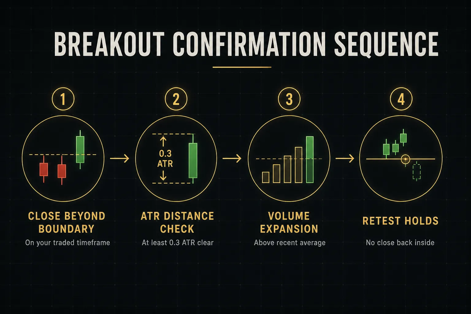 Step-by-step diagram, Breakout Confirmation Sequence. 1. Close beyond boundary, On your traded timeframe; 2. ATR distance…