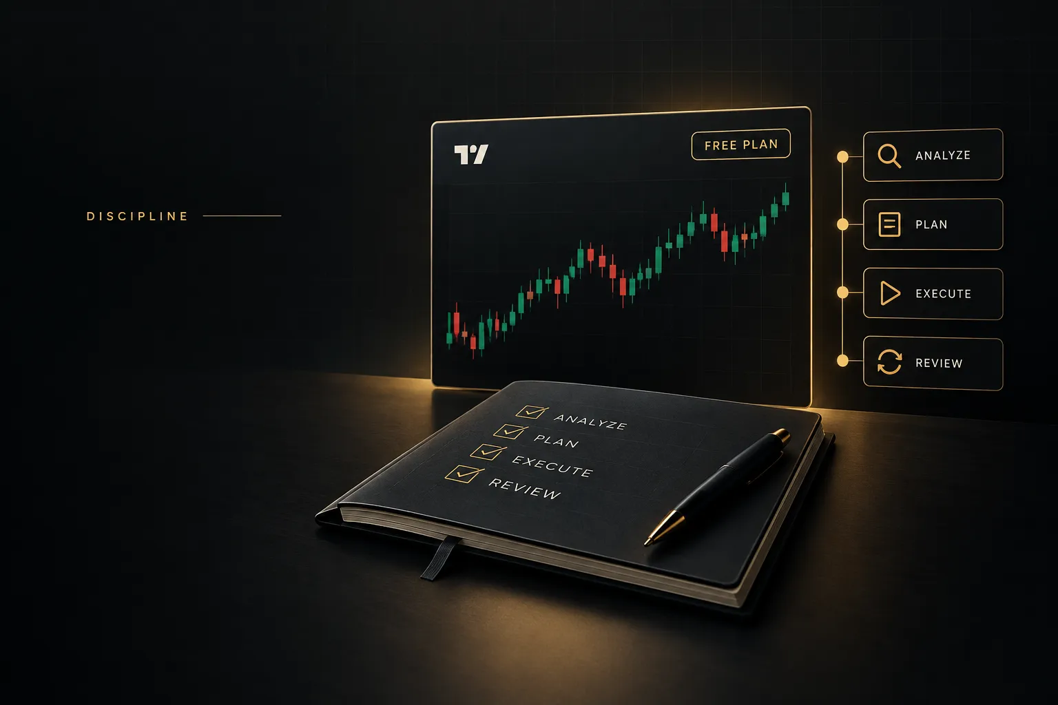 TradingView free plan dashboard showing a disciplined workflow setup with charts, watchlists, and alerts organized