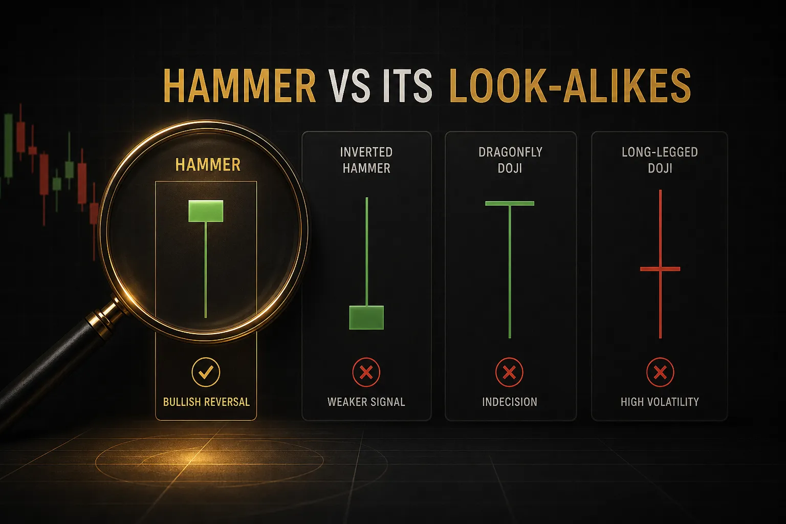 Hammer candlestick pattern compared to similar formations like hanging man and inverted hammer on a price chart