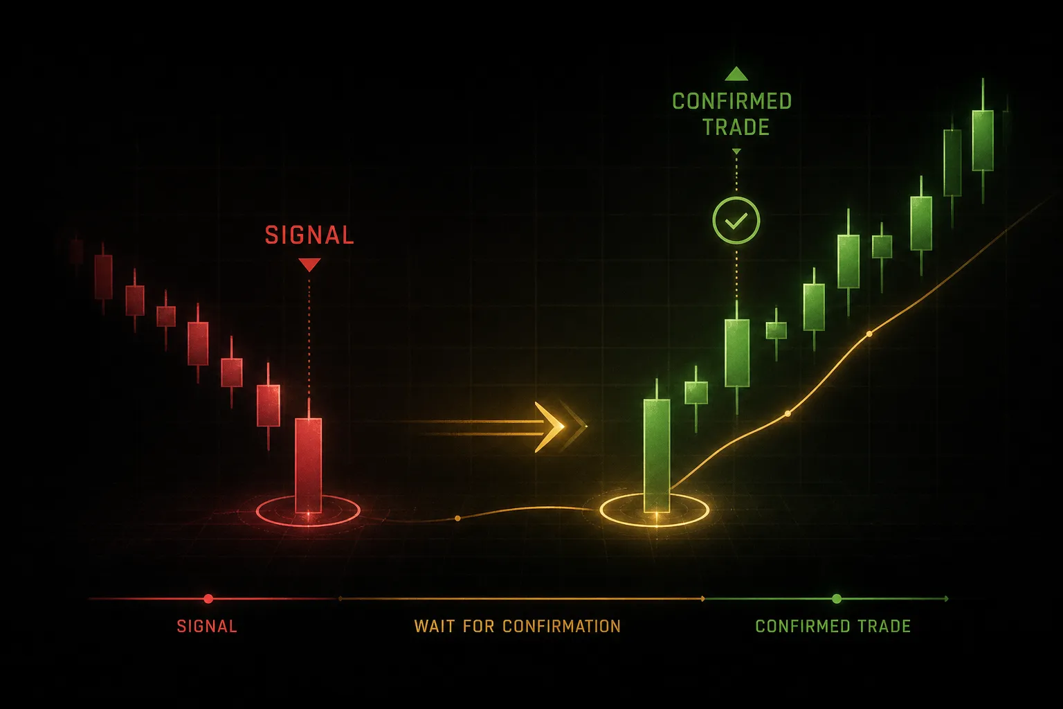 Candlestick indicators on a price chart showing signal formation transitioning into a confirmed trade entry