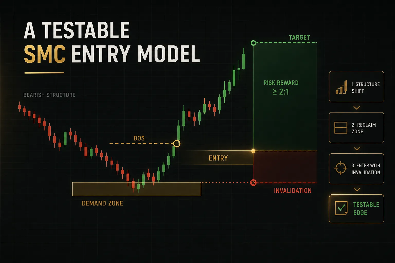 Chart illustrating a testable SMC trading entry model with liquidity sweep, structure break, and order block confirmation