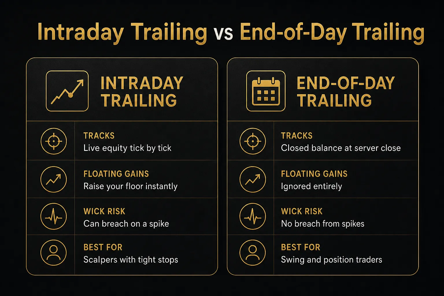 Comparison table, Intraday Trailing vs End-of-Day Trailing. Tracks, Intraday Trailing: Live equity tick by tick…