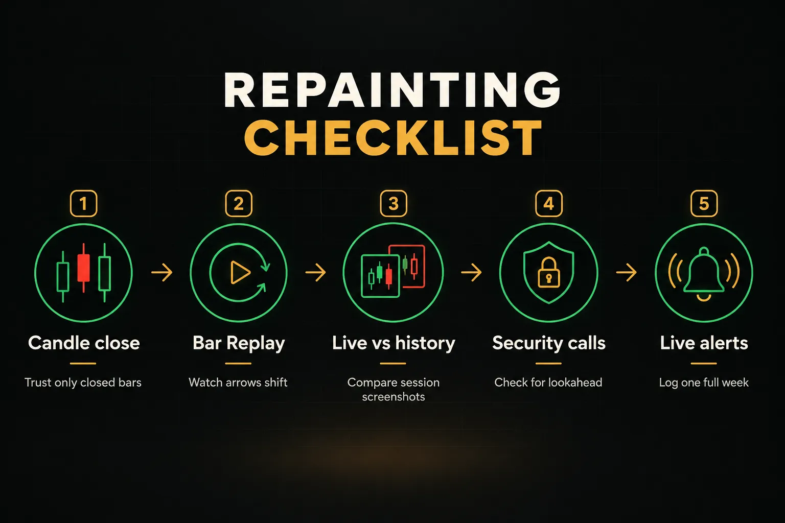 Step-by-step diagram, Repainting Checklist. 1. Candle close, Trust only closed bars; 2. Bar Replay, Watch arrows shift…