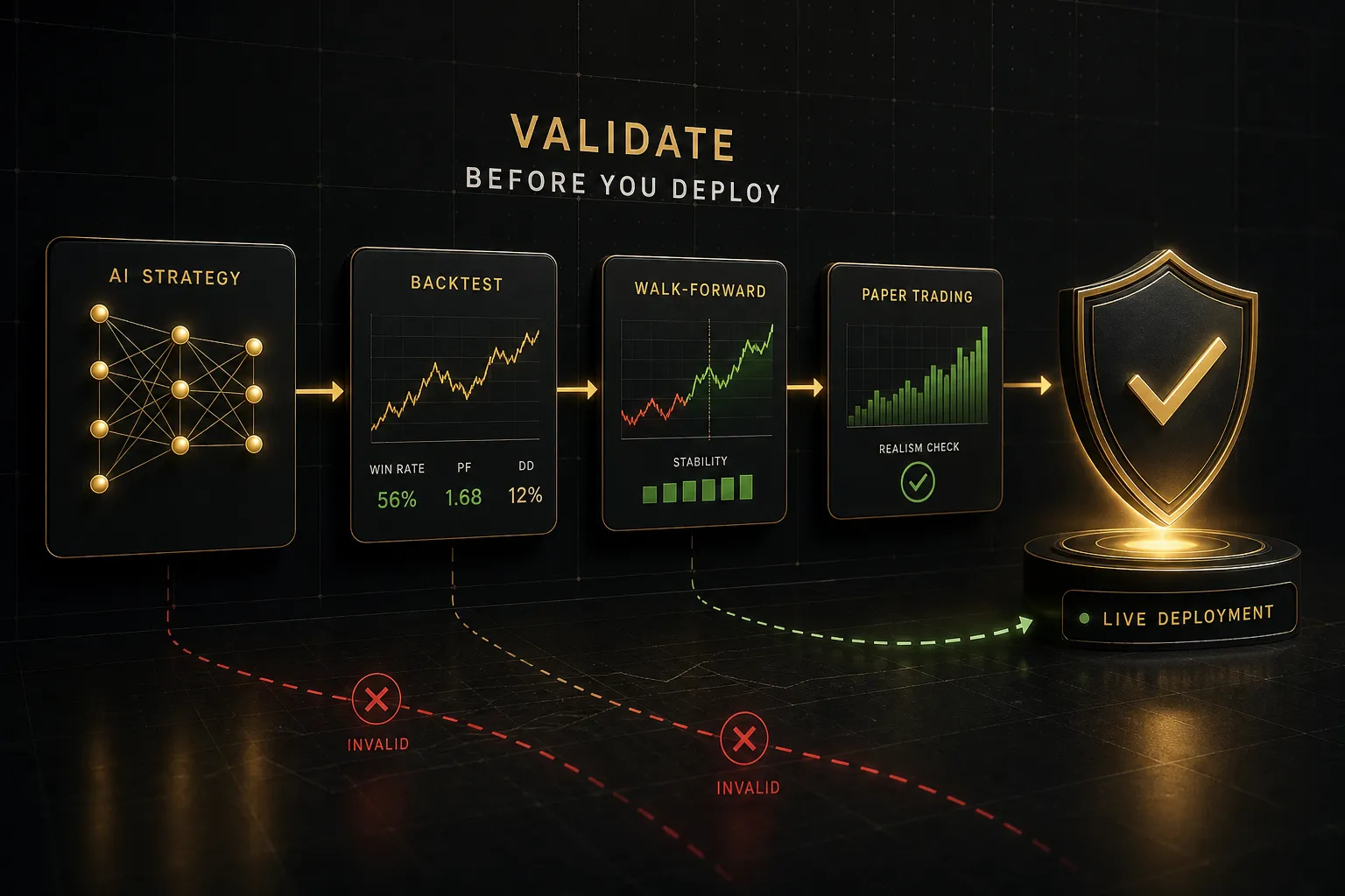 Trader reviewing backtest results and performance metrics to validate if AI trading is profitable before going live