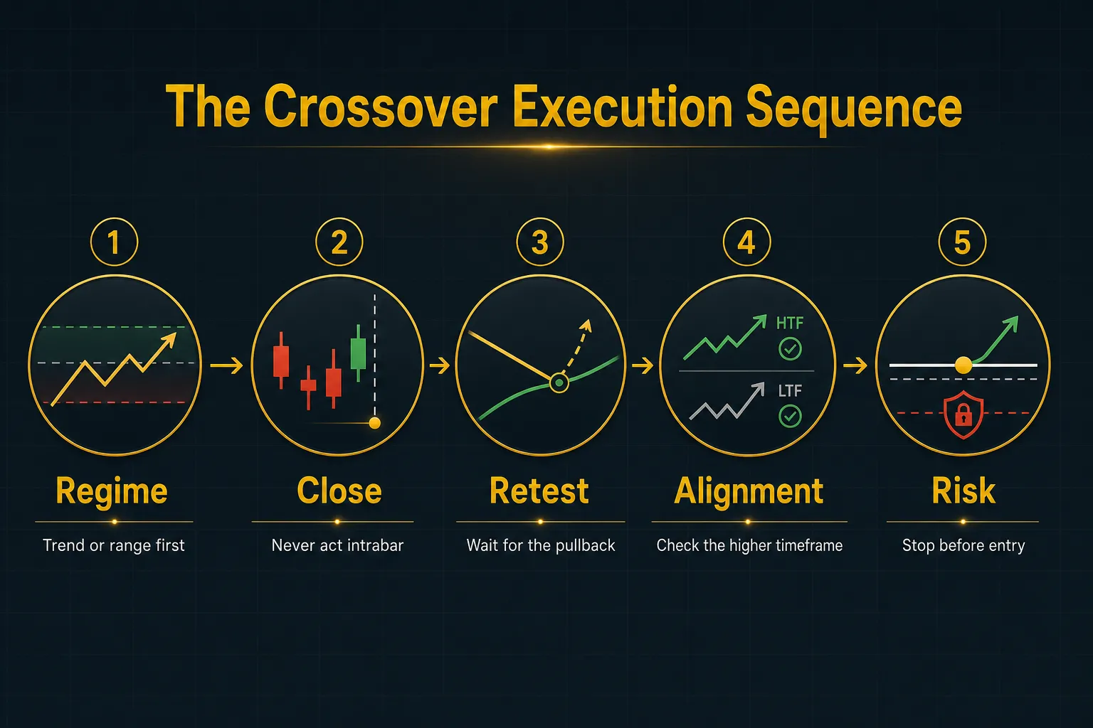 Step-by-step diagram, The Crossover Execution Sequence. 1. Regime, Trend or range first; 2. Close, Never act intrabar; 3. Retest, Wait for the pullback; 4. Alignment, Check the higher timeframe; 5. Risk, Stop before entry