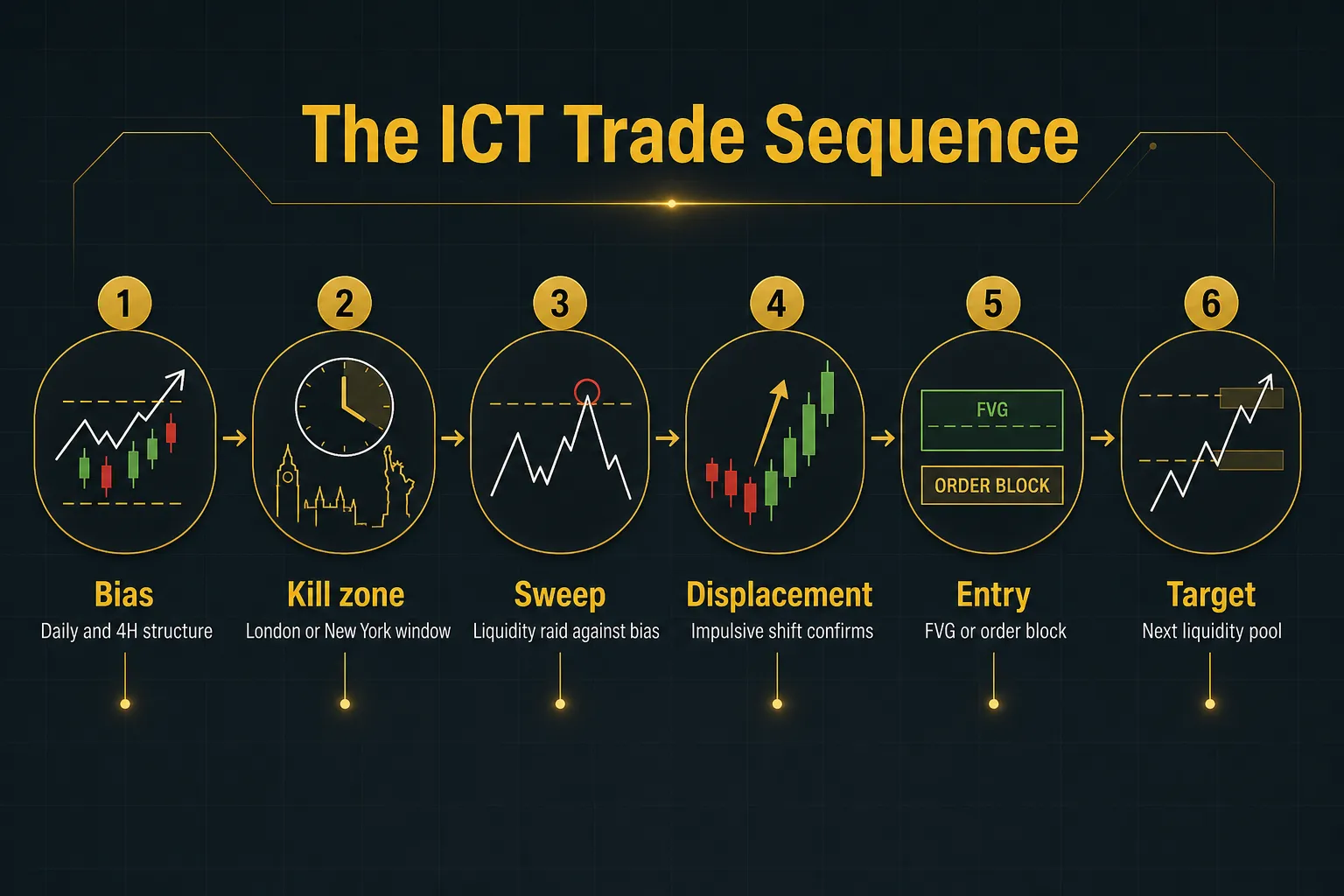 Step-by-step diagram, The ICT Trade Sequence. 1. Bias, Daily and 4H structure; 2. Kill zone, London or New York window; 3. Sweep, Liquidity raid against bias; 4. Displacement, Impulsive shift confirms; 5. Entry, FVG or order block; 6. Target, Next liquidity pool