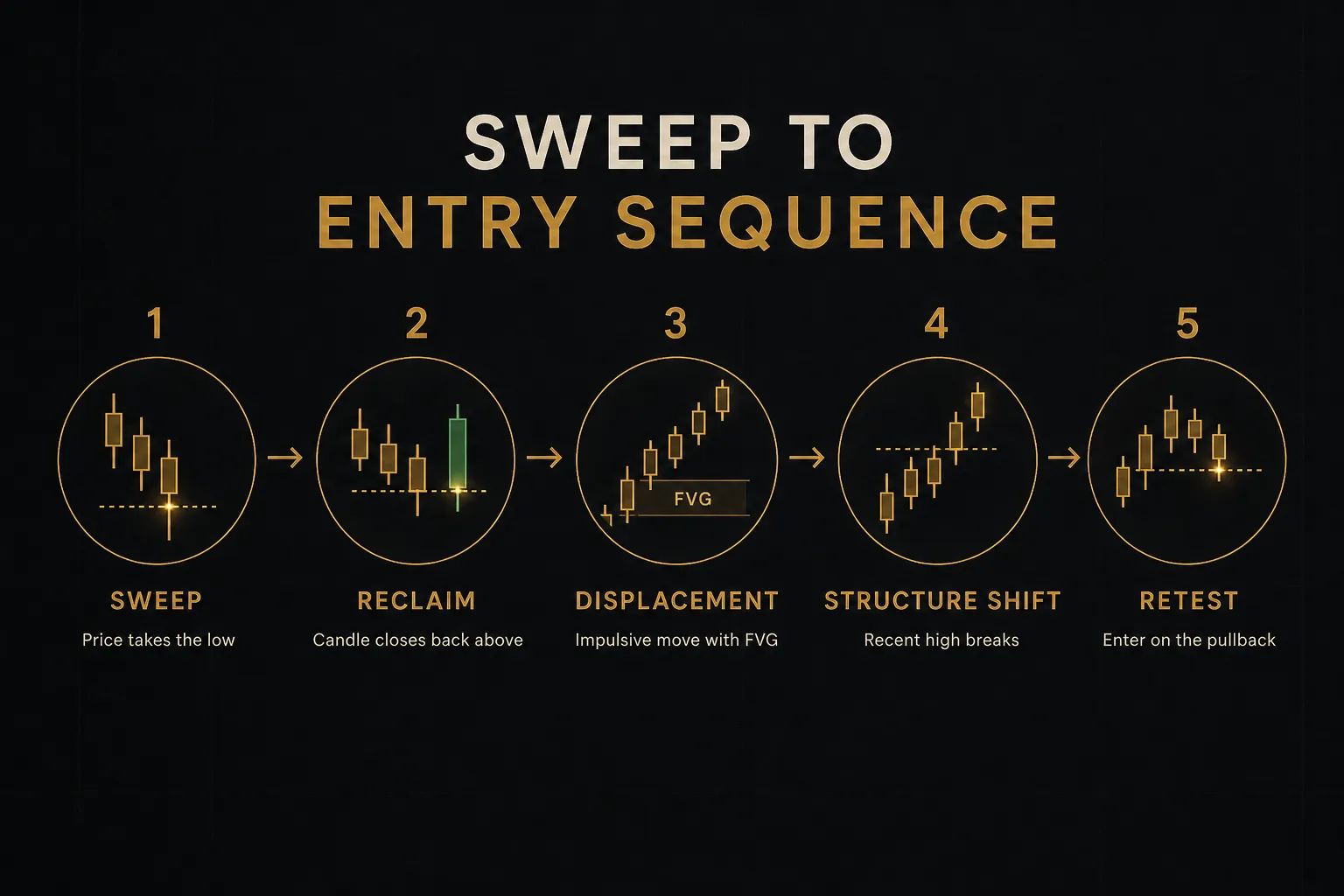 Step-by-step diagram, Sweep to Entry Sequence. 1. Sweep, Price takes the low; 2. Reclaim, Candle closes back above; 3…