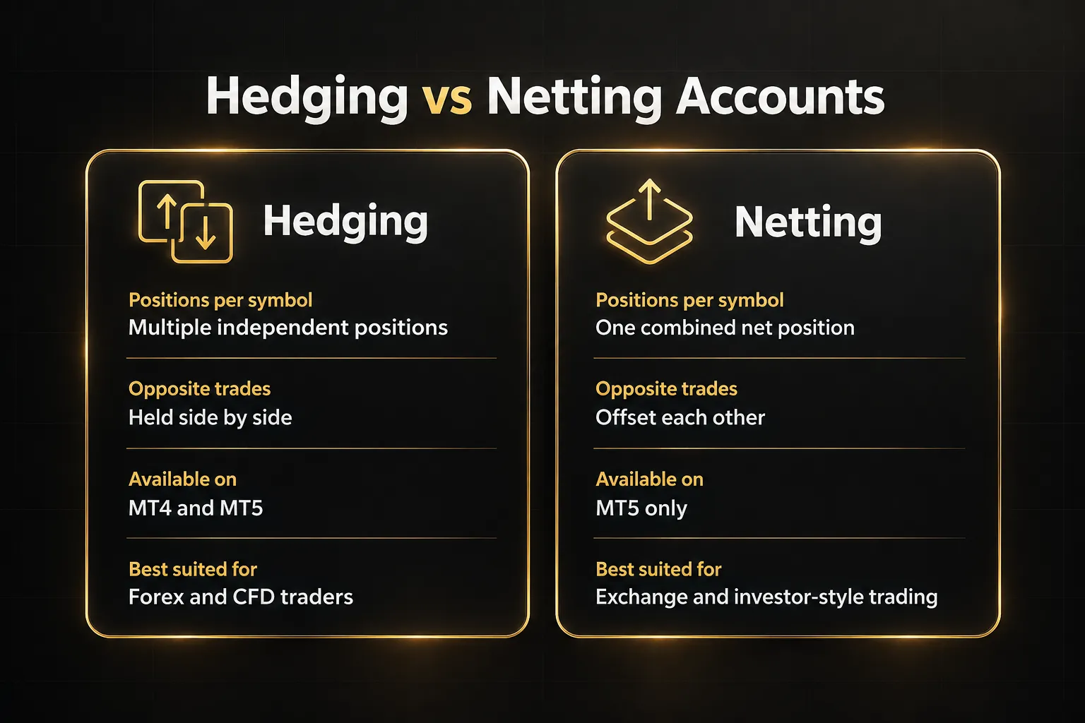 Comparison table, Hedging vs Netting Accounts. Positions per symbol, Hedging: Multiple independent positions; Netting: One…