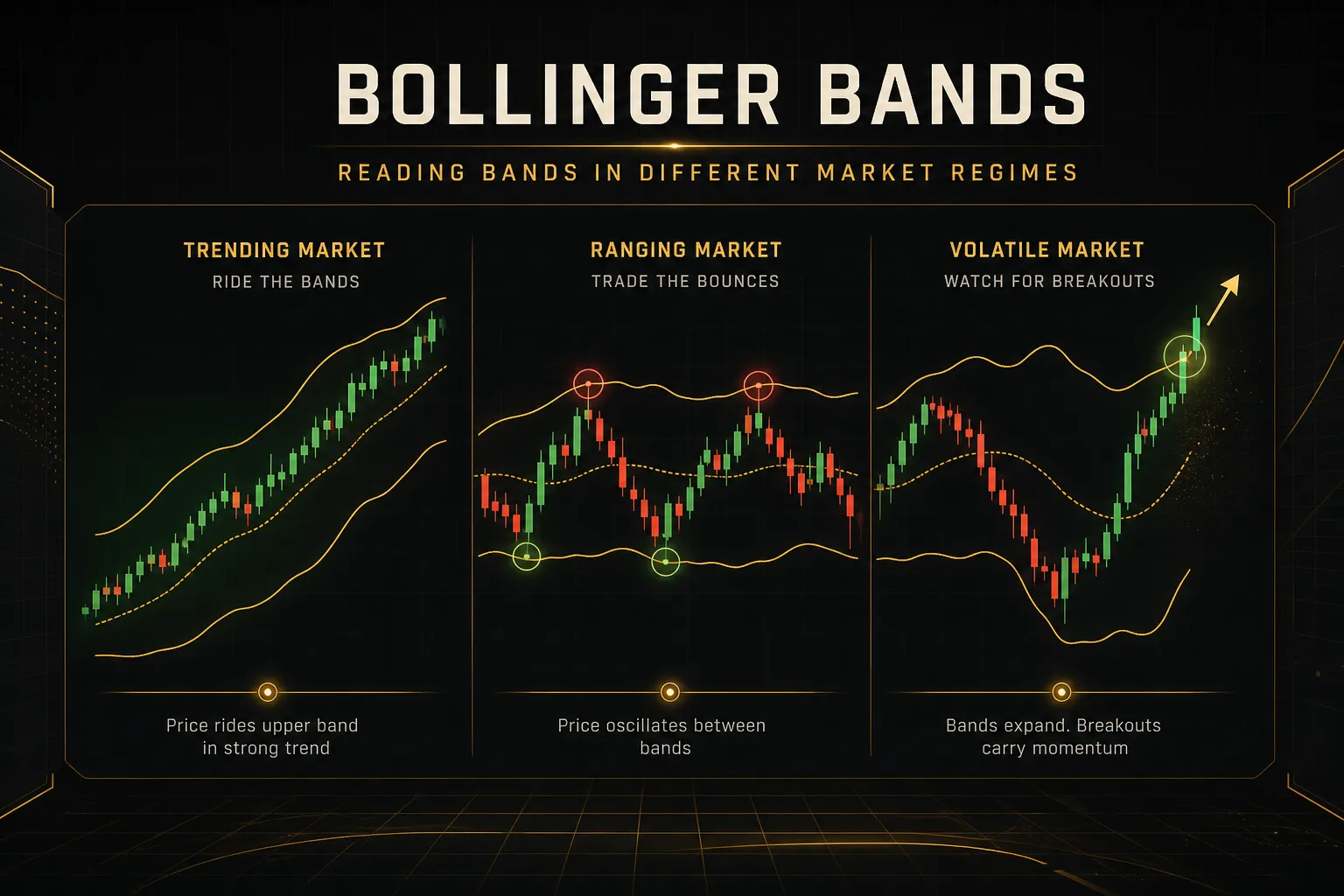 Bollinger Bands widening and contracting across trending and range-bound market regimes on a price chart