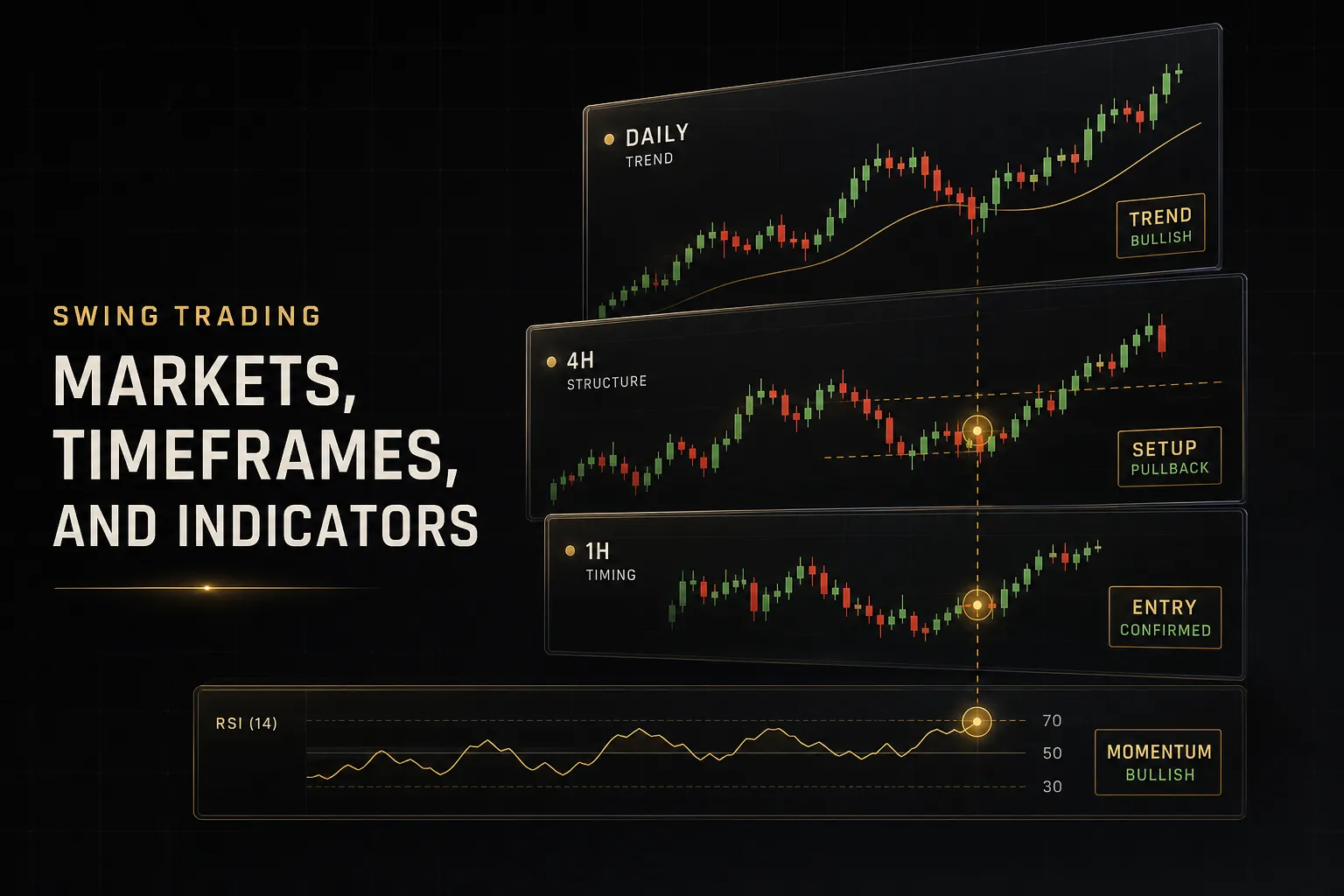 Swing trading chart showing multiple market timeframes with technical indicators like moving averages and RSI