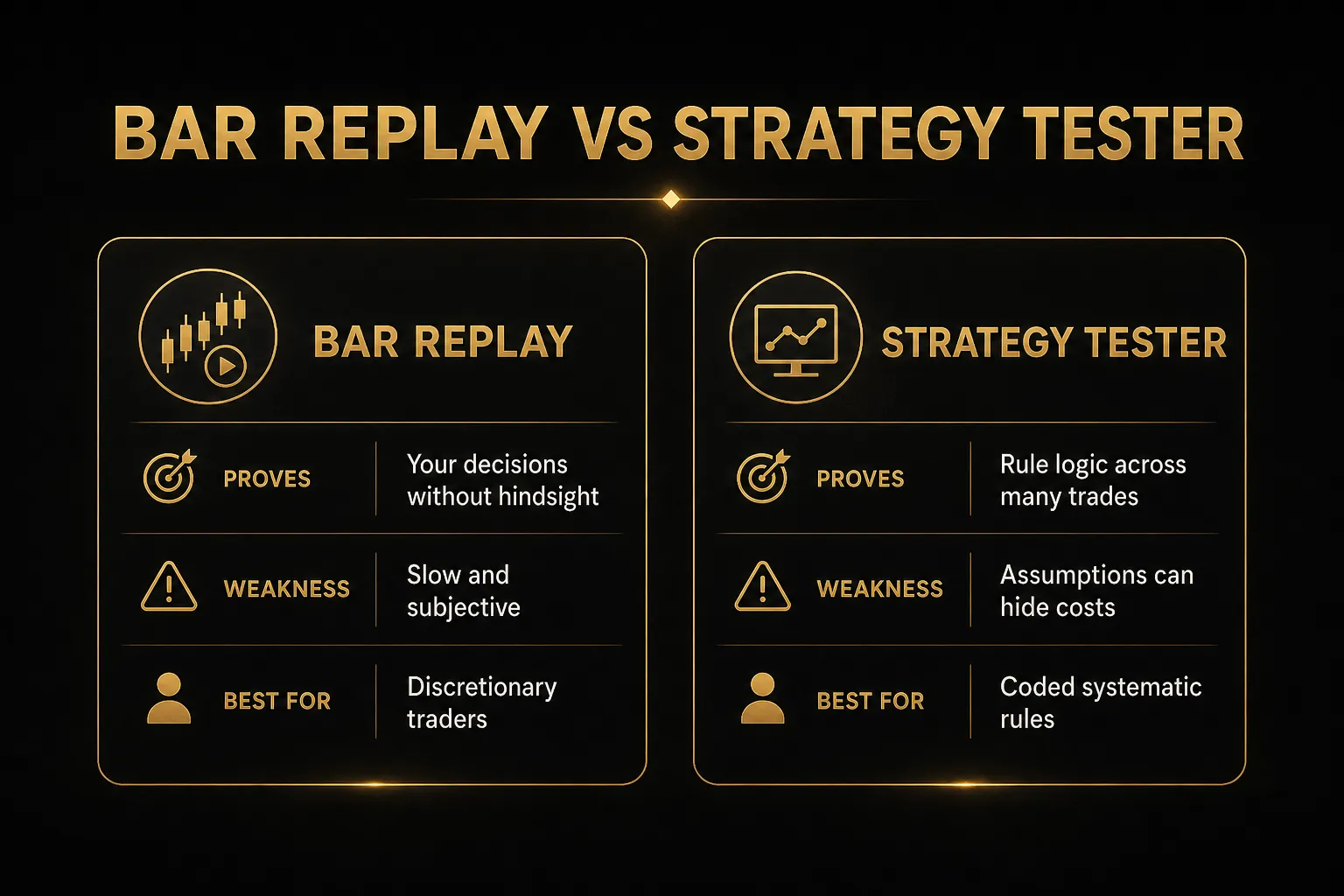 Comparison table, Bar Replay vs Strategy Tester. Proves, Bar Replay: Your decisions without hindsight; Strategy Tester:…
